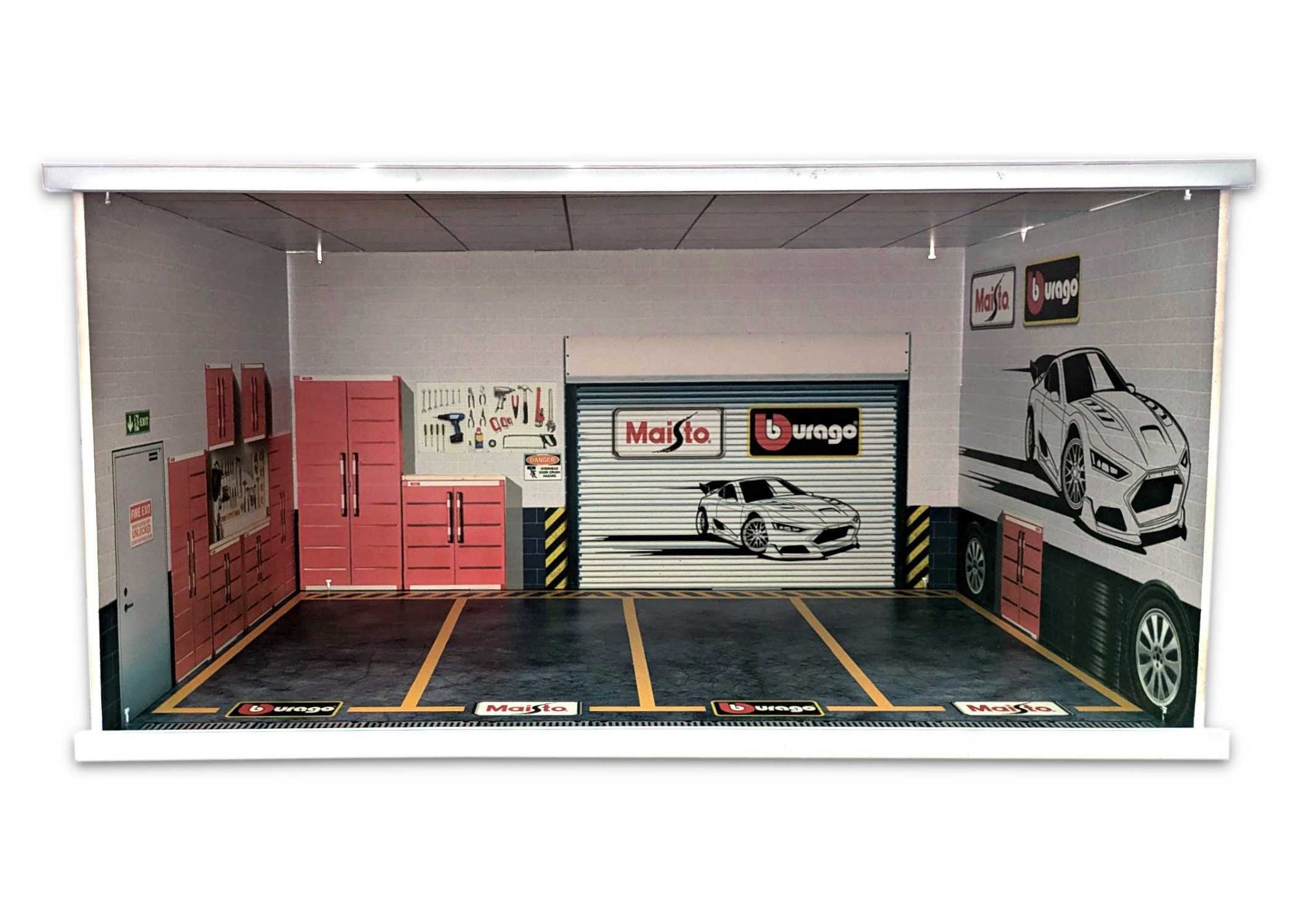 Bburago Modellauto Light Box Display (60x40x30cm) Werkstatt Diorama, Maßstab 1:18, mit einschaltbarem Licht