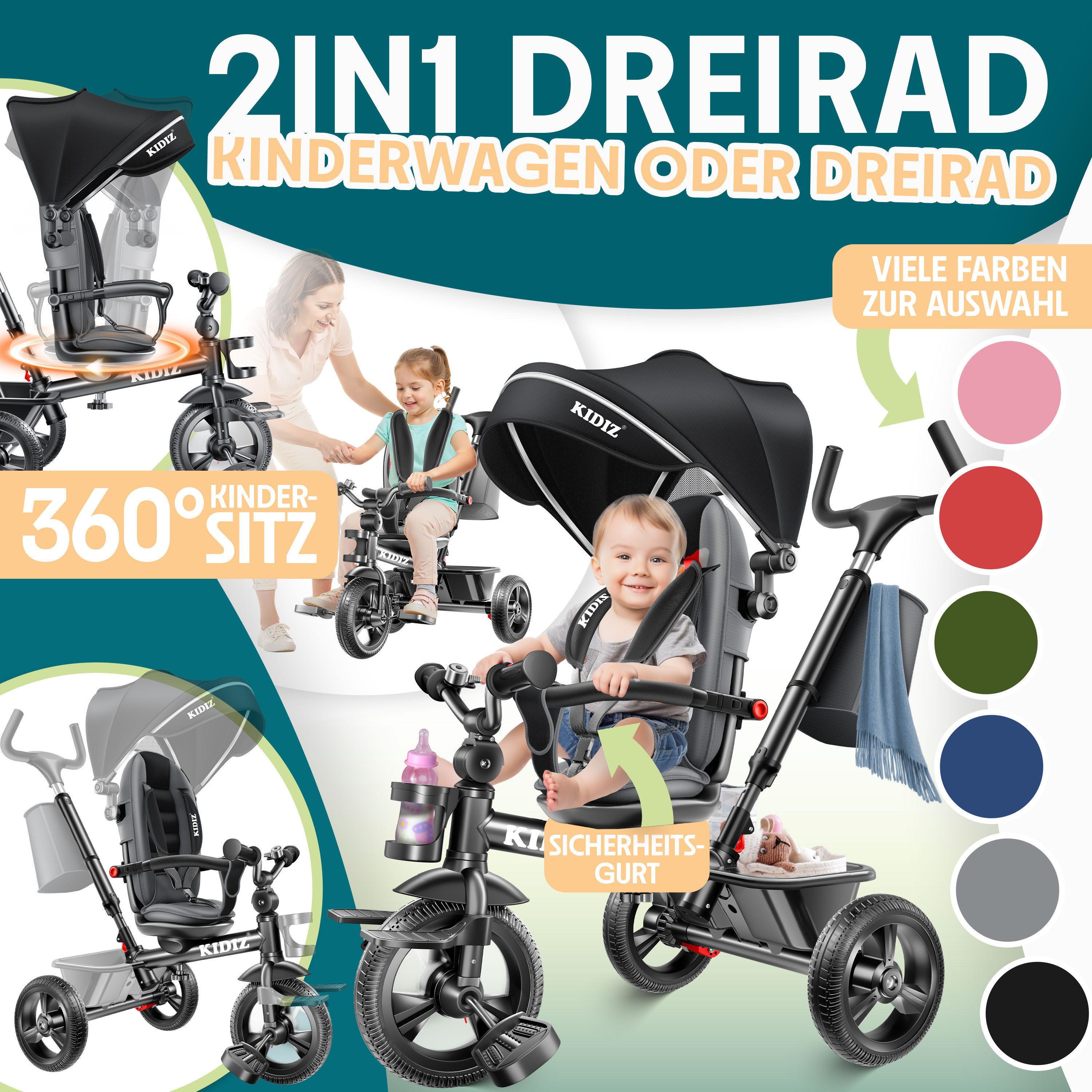 KIDIZ Dreirad, Dreirad 5in1 Kinderdreirad mit Schubstange Lenksystem Stange