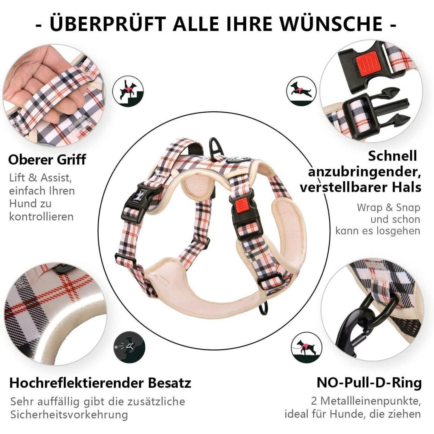 LuxusKollektion Hunde-Geschirr Hundegeschirr Keine Pull Reflektierende Griff XL Kariertes Beige