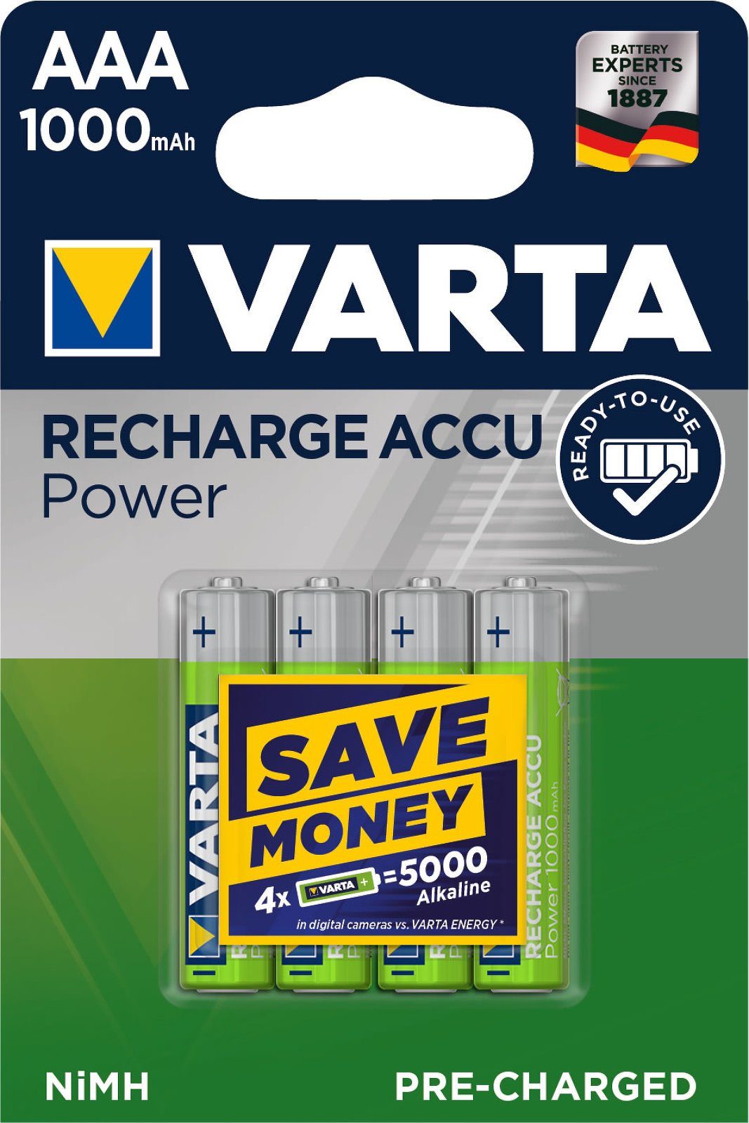 VARTA Power Akku HR03 LR03 Micro AAA NiMH 4er Blister 1000mAh Akku 1000 mAh (1.2 V)