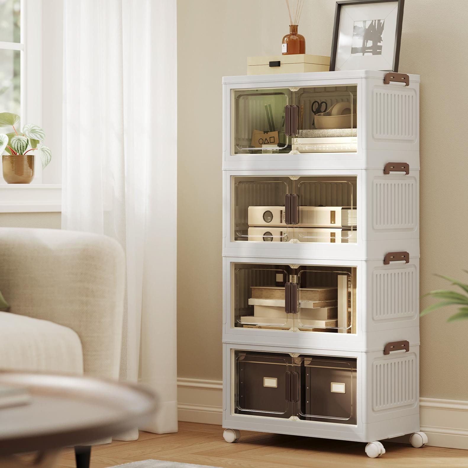 SONGMICS Aufbewahrungsbox 4 Ebenen, Organizer mit 1 Deckel, Stapelboxen auf Rollen, Plastikboxen, Ordnungsboxen 25/45/55 L pro Ebene, 100/180/220 L insgesamt