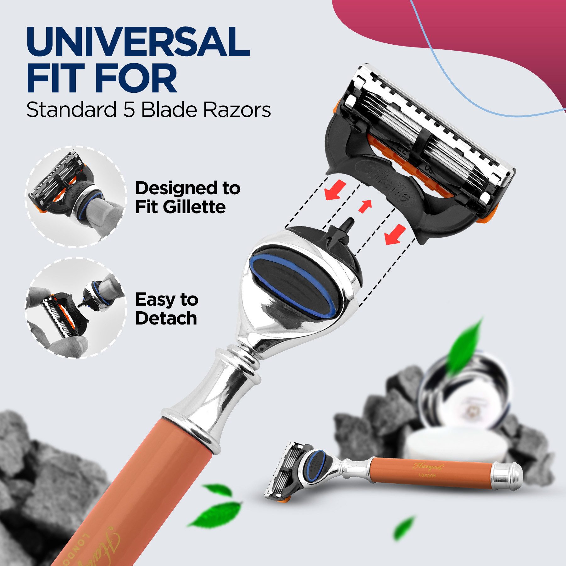 Haryali London Nassrasierer 5-Klingen-Unisex-Rasierer, Vibrant, Körper und Gesicht, Orange, Pack, Rasiermesser mit Klinge und hochwertiger messing-silberner Oberfläche, Abwaschbarer, rutschfester Griff. Passt auf alle Fusion5-Rasierer.
