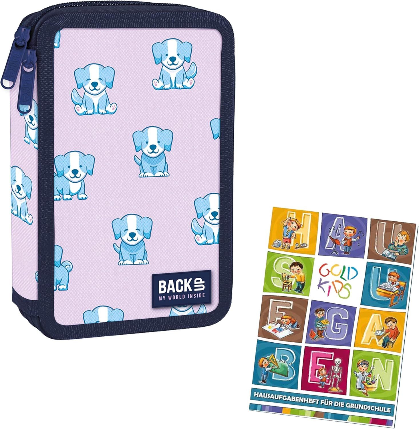 GOLDKIDS Federmäppchen Federtasche 2-fache Federmappe 32-teilig, (gefüllte Schüleretui Stifte und Pinsel, 1-tlg., inkl. Aufgabenheft Federbox Etui), Stiftetasche Schlamper-Etui Schul-Etui Hund Dog Motiv