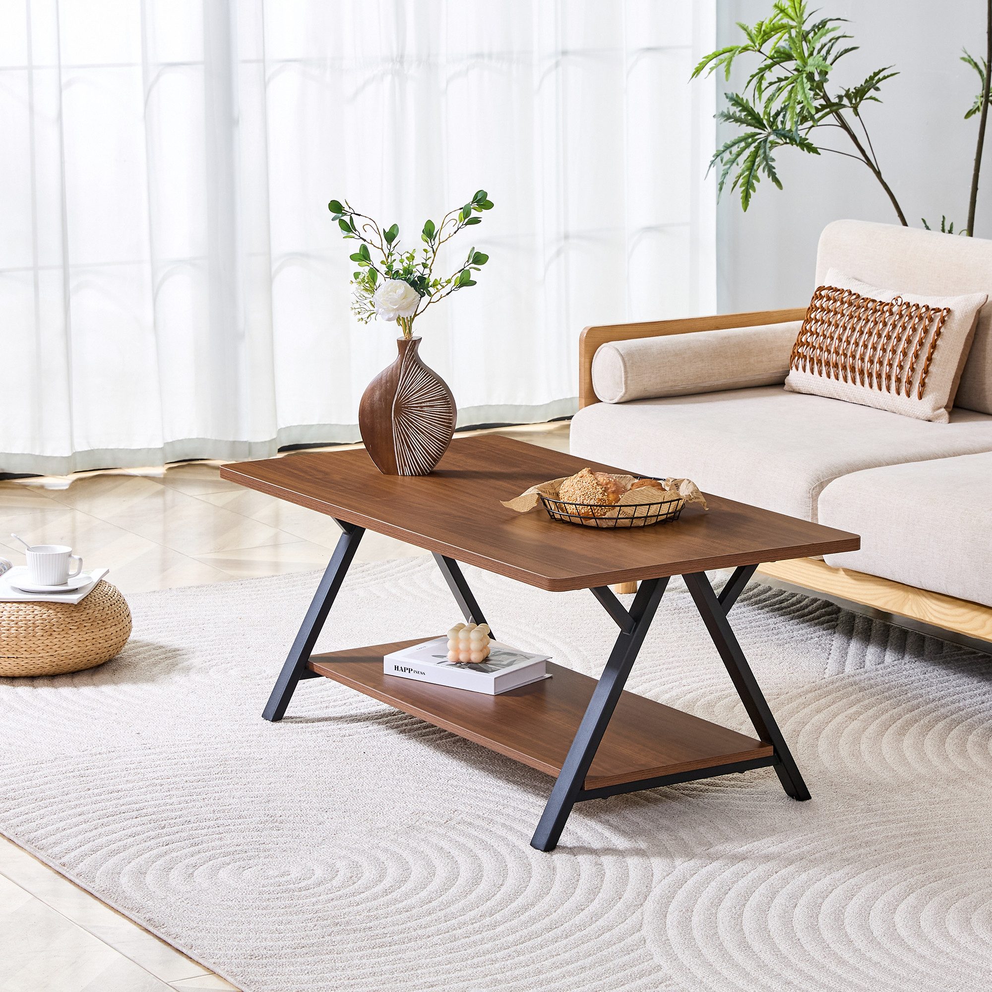 Fine Life Pro Ablagetisch Industrieller Couchtisch 110×57×44cm Walnuss-Optik & X-Metallgestell