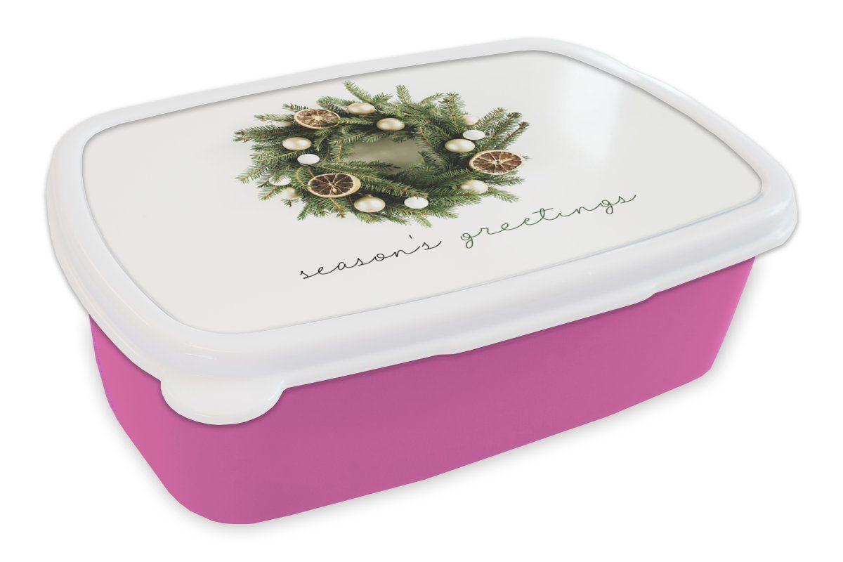 MuchoWow Lunchbox Winter - Kiefernzweig Kunststoff, Kunststoff Kinder, Erwachsene, (2-tlg), Mädchen, Brotbox - rosa für Brotdose Orange, Snackbox