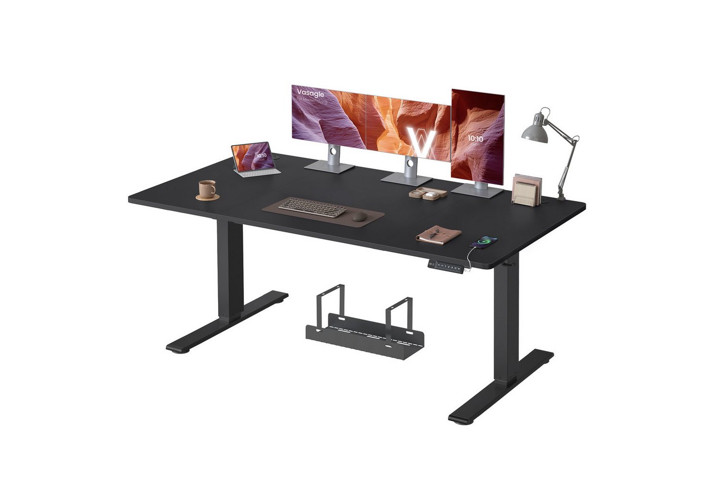 VASAGLE Schreibtisch Höhenverstellbarer, USB-C-Anschluss, Erinnerung bei langem Sitzen, Ablage für Steckdosenleiste, 3 Speichertasten, 140/160/180cm