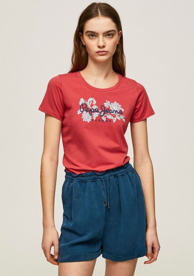 Pepe Jeans Rundhalsshirt NEREA mit floralem Logo-Print und Stretch,  Kurzarmshirt \