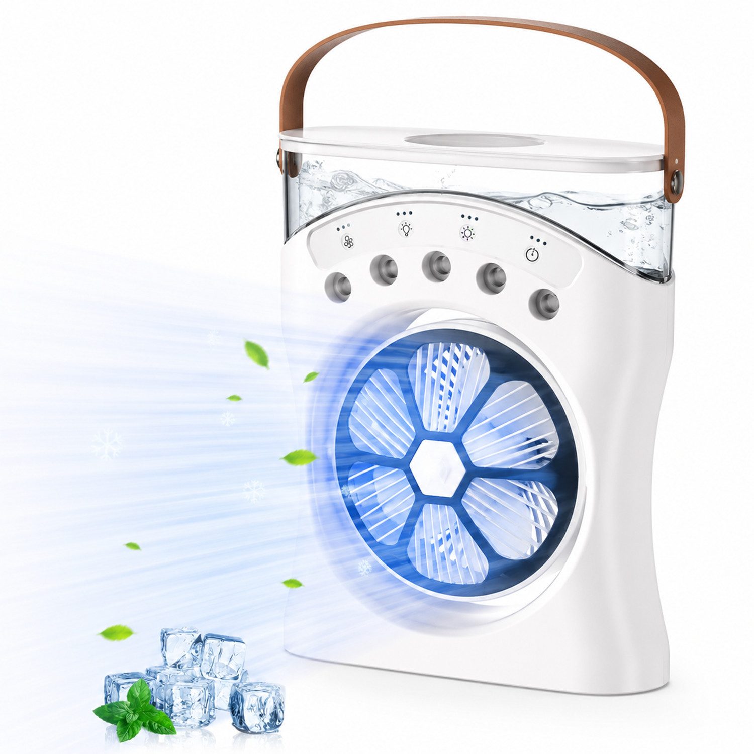 MOPUEA Ventilatorkombigerät Tragbarer Luftkühler 550 ml 5 Sprühdüsen 3 Windstufen 180° Verstellbar, 5 Sprühdüsen, 3 Windstufen, RGB-Licht, 180° verstellbar