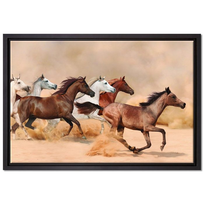 Pixxprint Leinwandbild Western Pferde in Wüste Wanddekoration (1 St) Leinwandbild fertig bespannt in einem Schattenfugen-Bilderrahmen gefasst inkl. Zackenaufhänger