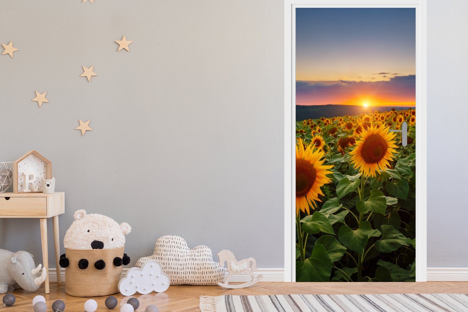 MuchoWow Türtapete Blumen - Nacht Tür, - Sonnenblume - St), Türaufkleber, Matt, bedruckt, cm Fototapete - Horizont, (1 75x205 für Sonnenuntergang