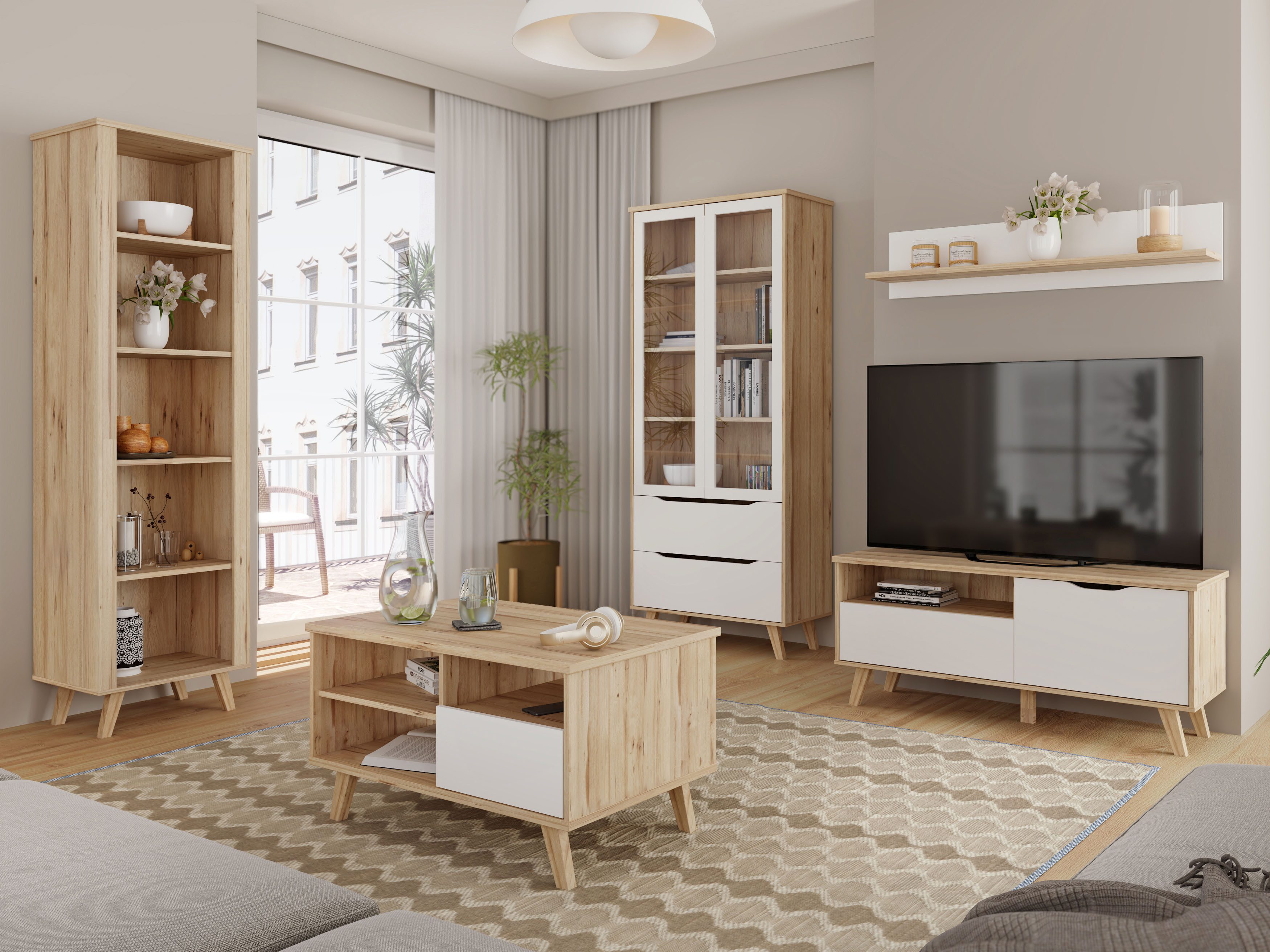 FORTE Wandregal Vankka Regal breit, breites Regal, Holzfüße, 5 offene Fächer, Einlegeböden variabel