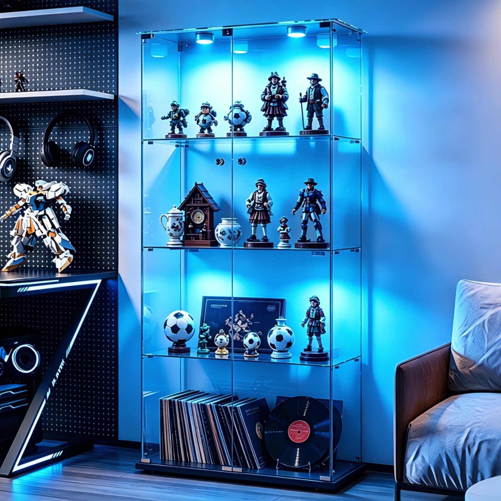 Simurq Glasvitrine Standvitrinen mit LED Beleuchtung Vitrinenschrank mit Glastür (glas vitrine mit 2 Glastür und 4 Lagen,Schloss,Kippsicherung) Sammlervitrine aus gehärtetes Glas,Modernes rahmenloses Design