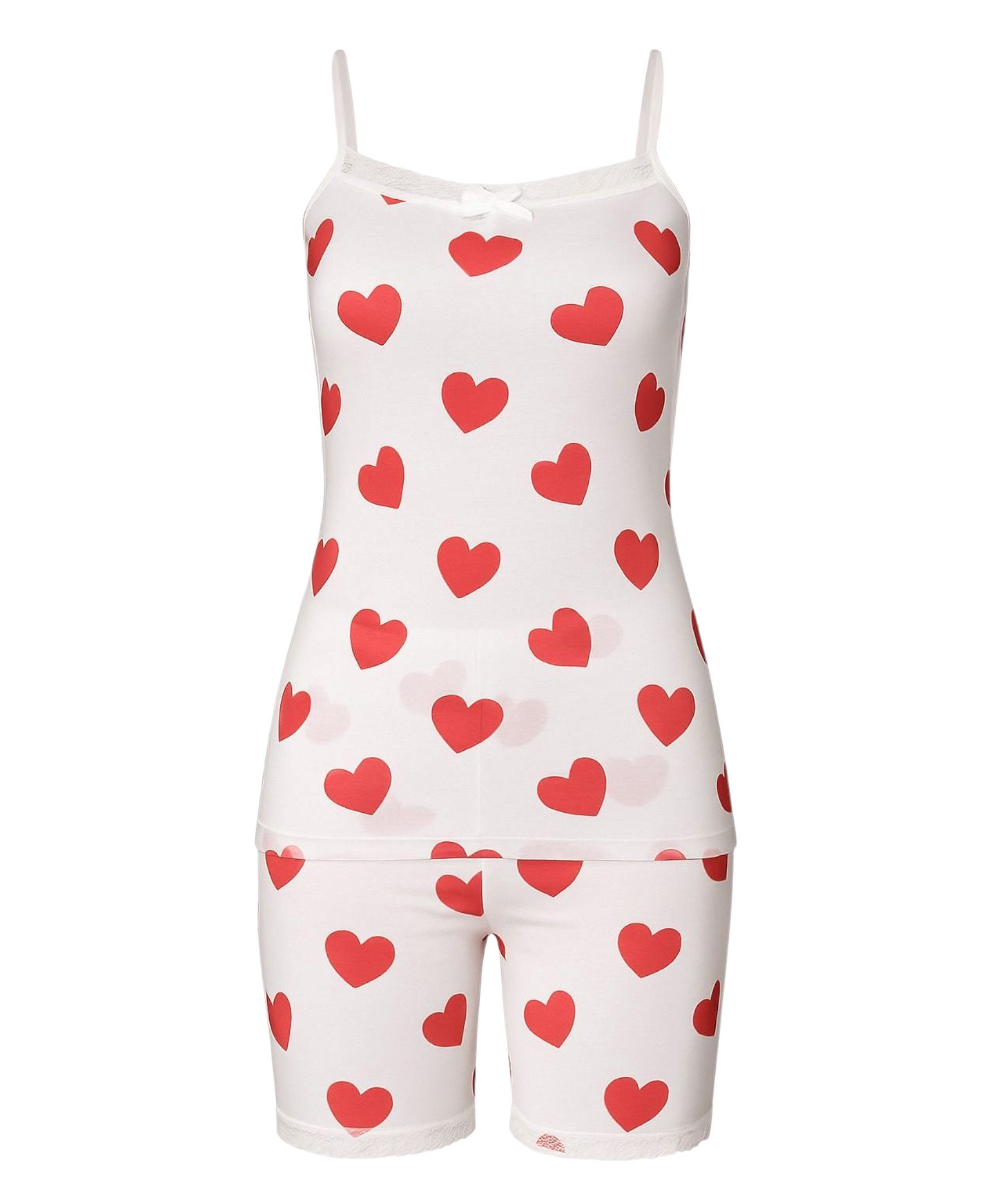 fashionshowcase Pyjama Damen Hausanzug – Schlafanzug mit Shorts & Top, Baumwolle, Herz-Design (2 tlg., 2-teiliges Set) Verspieltes Design mit Herz-Print & feiner Spitze, luftig & leicht