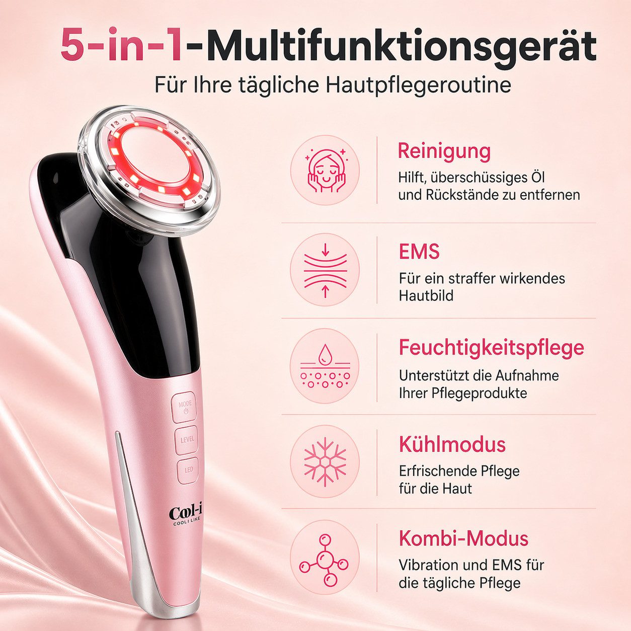 COOL-i ® Mikrodermabrasionsgerät 5-in-1 Beautygerät – Für ergänzende Gesichtspflege, LED, EMS, Wärme/Kälte & Massage – Tägliche Pflege für Ihre Haut