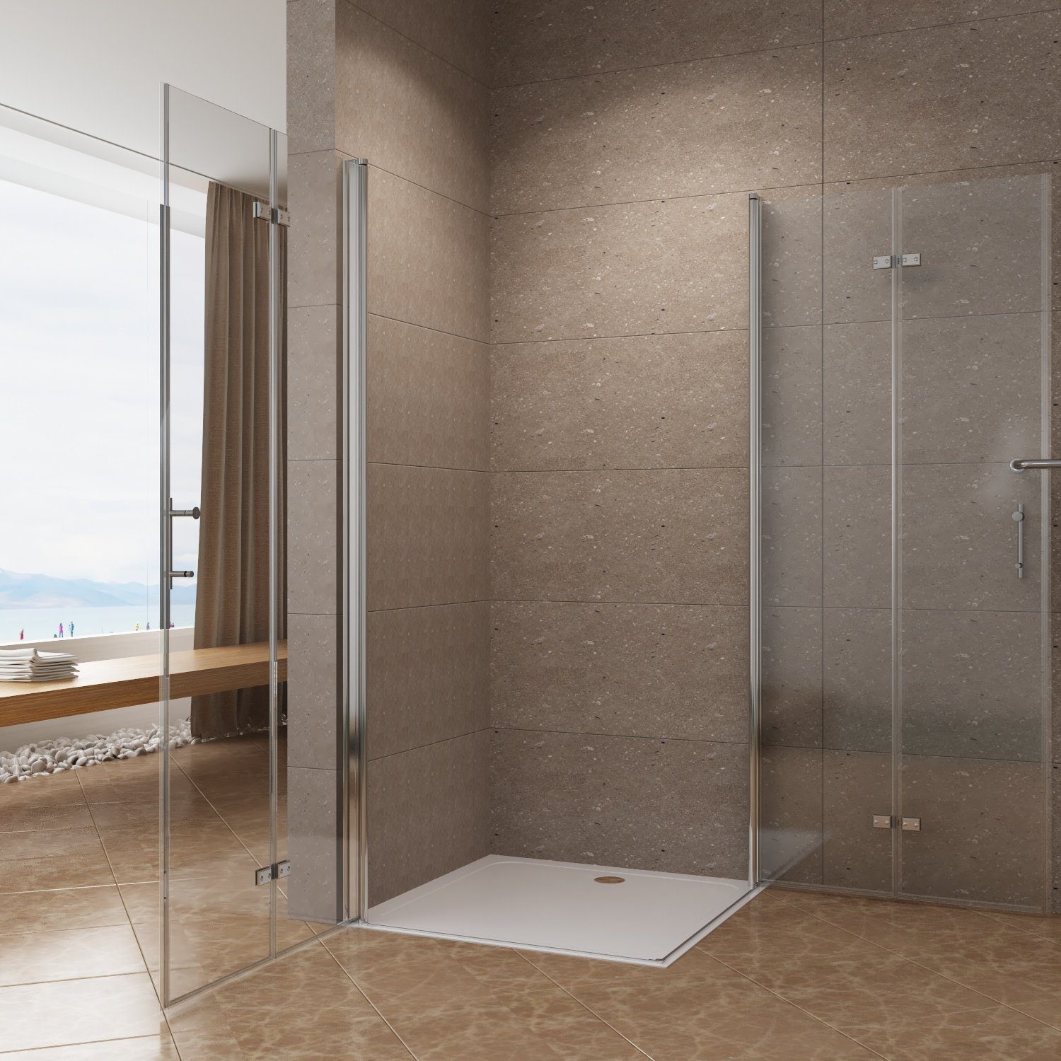 AQUABATOS Corner Shower Enclosure, Corner Entry, with Double Folding Doors, Frameless, WxD: 120x120 cm, 6 mm Single Tempered Safety Glass, Nano Coating, Barrier-Free, Large Adjustment Range, Frameless