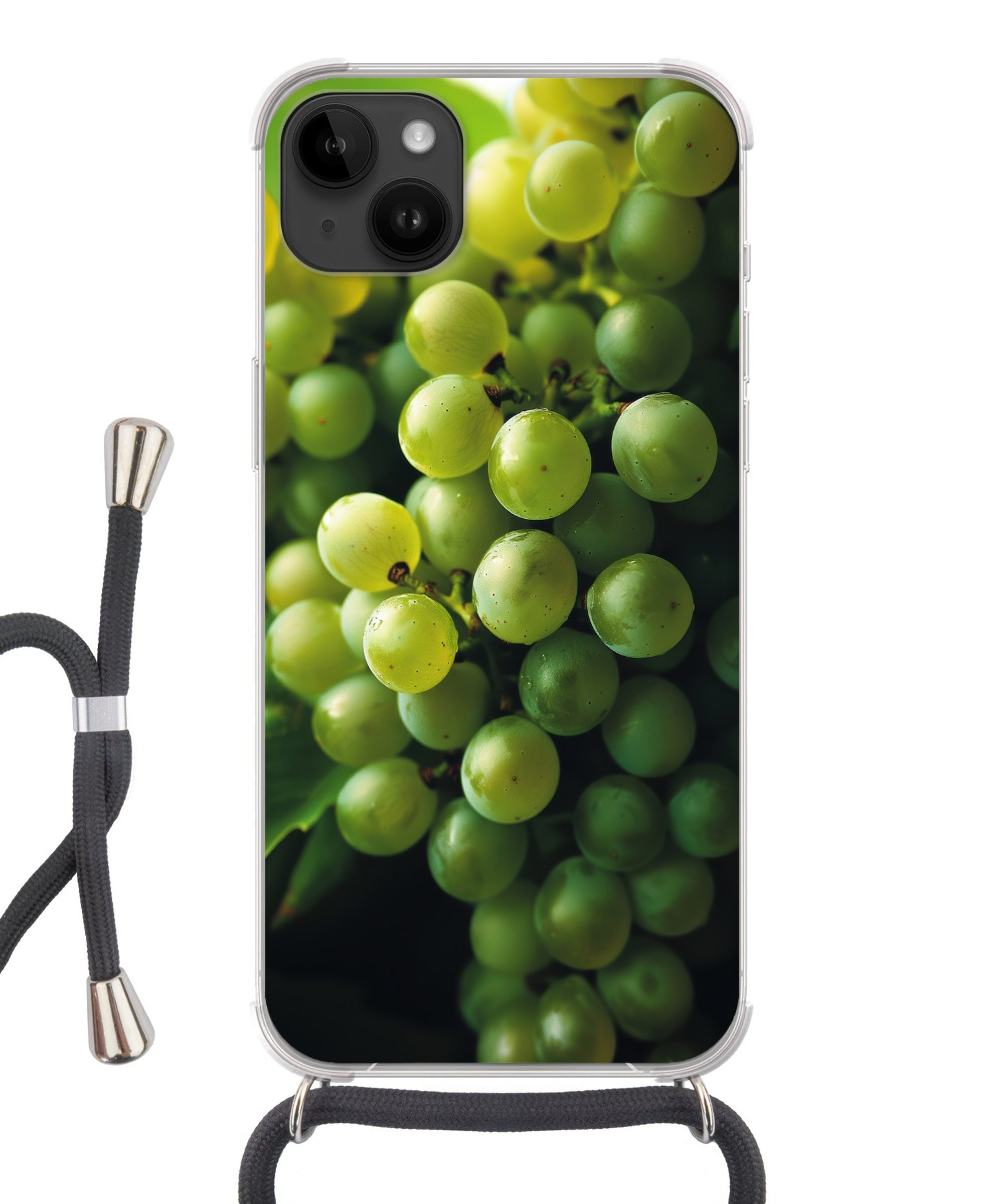 MuchoWow Handyhülle für Apple iPhone 14 Max Weintrauben - Traube - Grün, Tragbare Handyhüllen mit Kette zum umhängen, Handykette Handyband