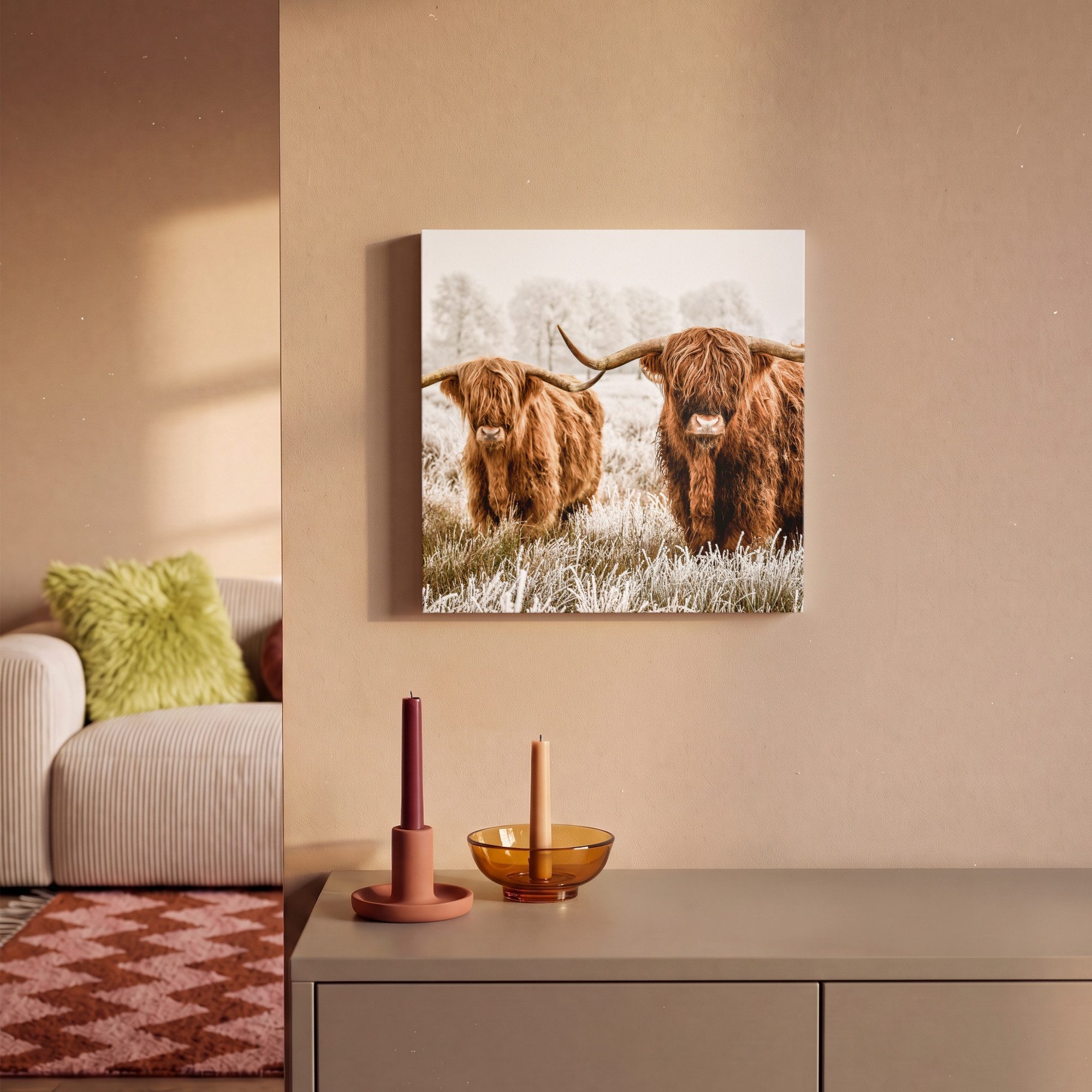 OneMillionCanvasses® Leinwandbild Schottischer Hochländer - Kuh - Natur - Winter, Fotodruck (1 St), Leinwand Bilder Klein, Wand Dekoration Aesthetic 30x20 cm – Bild 2 von 5
