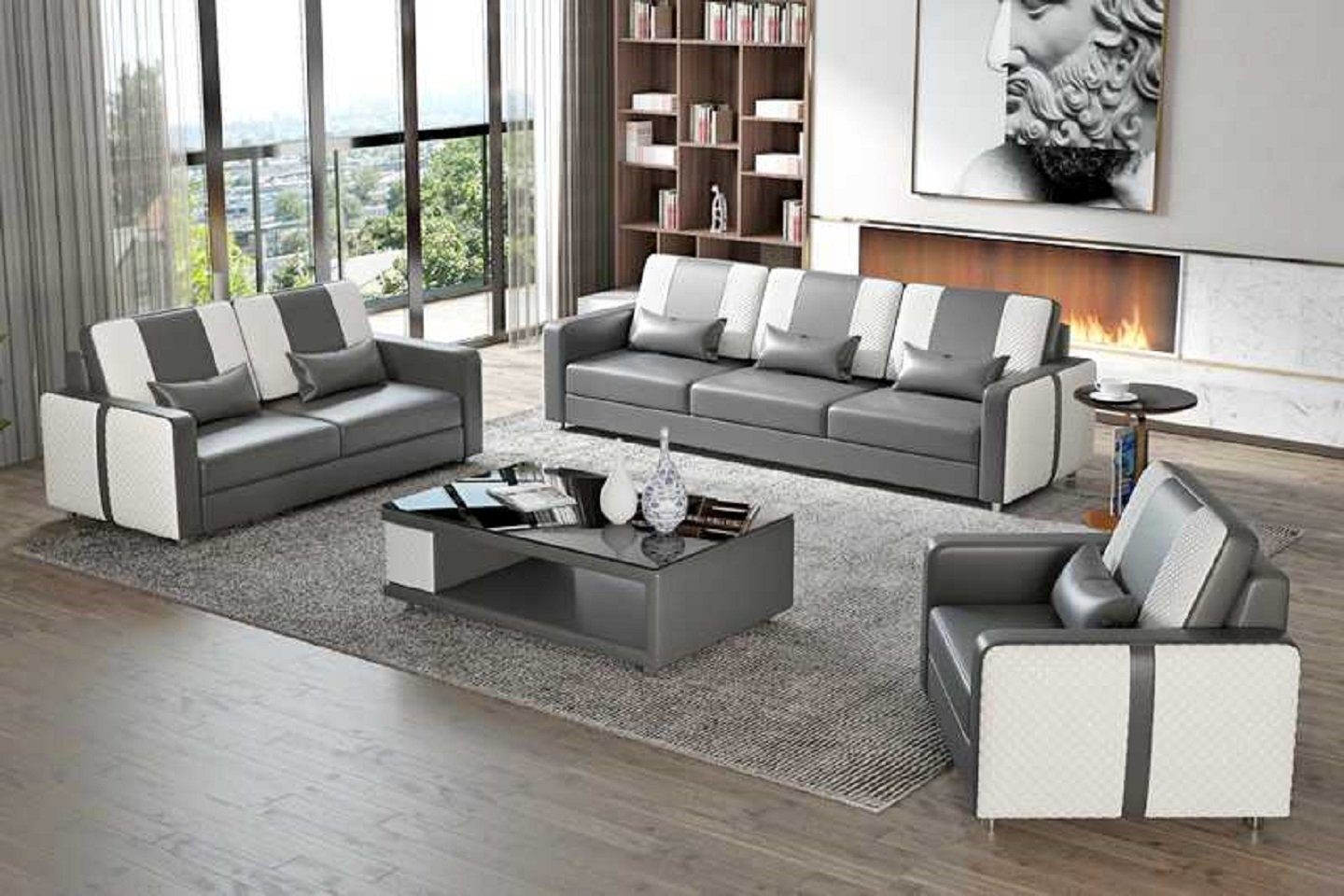 JVmoebel Wohnzimmer-Set Komplette Sofa Sofagarnitur Luxus Couchgarnitur Kunstleder 321, (3-St., Nur Sofa 2+3 Sitzer + Sessel), Made in Europe Grau