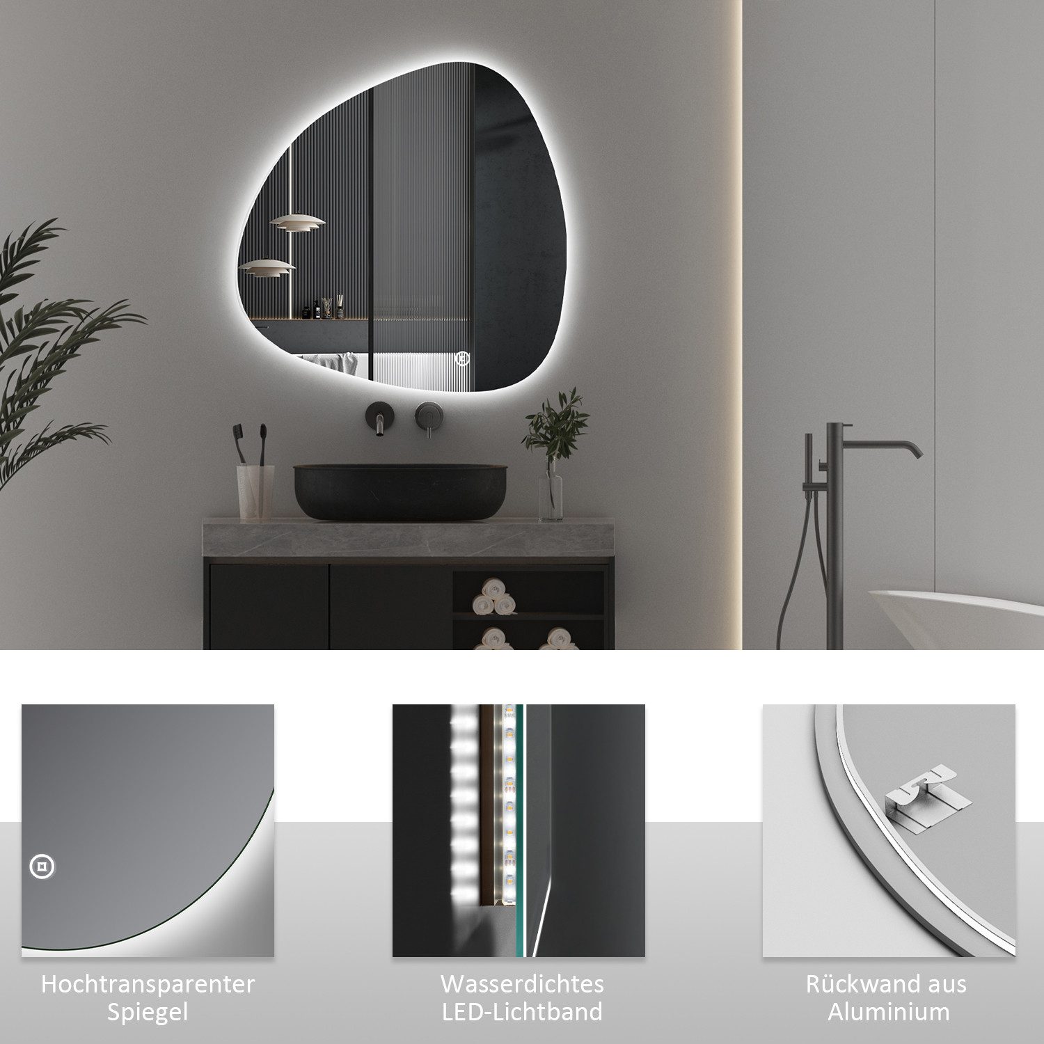 WDWRITTI Badspiegel LED Badezimmerspigel mit Beleuchtung Kalt/Neutral/Warmweiß (Wandspiegel Asymmetrisch Steinform, 80x80cm), Kalt/Neutral/Warmweiß, Dimmbar, Sp – Bild 5 von 5