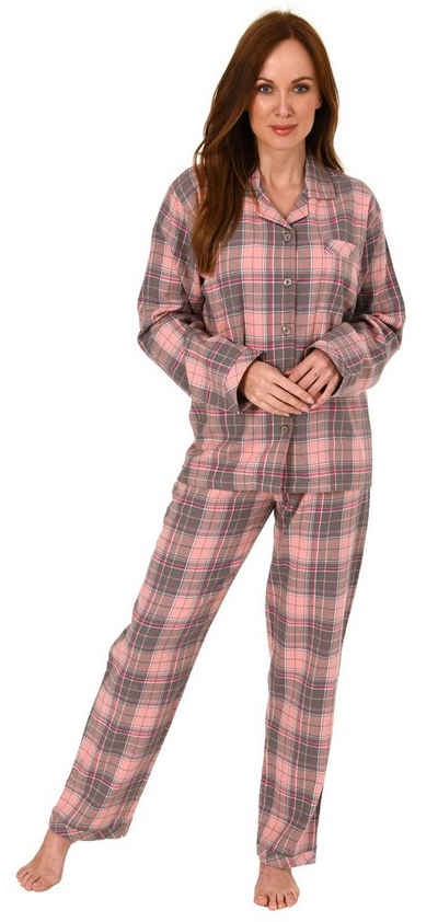 Normann Pyjama Damen Flanell Schlafanzug kariert mit Knopfleiste und Hemdkragen
