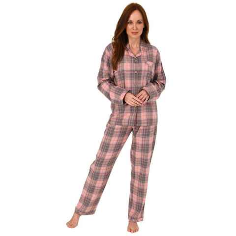 Normann Pyjama Damen Flanell Schlafanzug kariert mit Knopfleiste und Hemdkragen