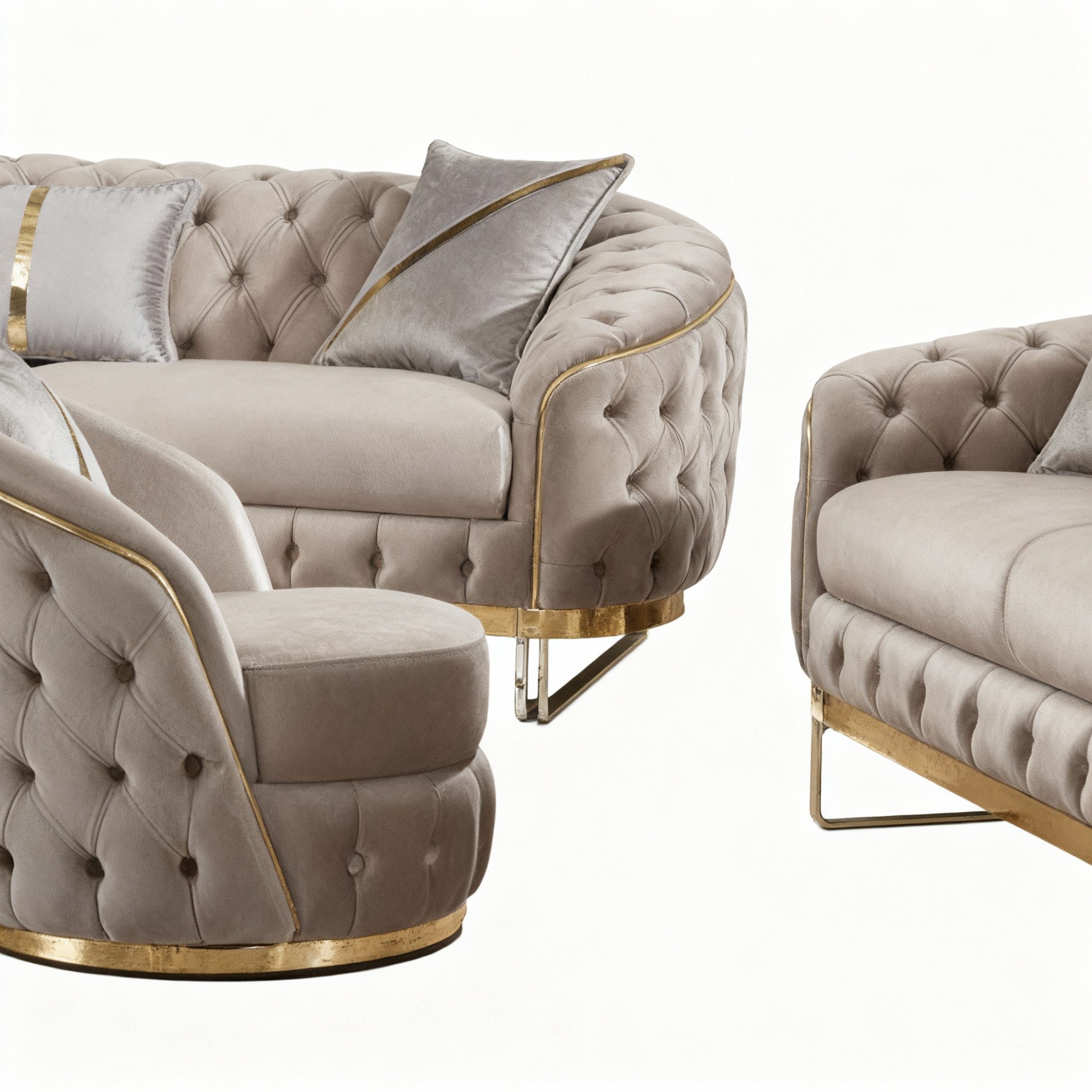Palms-Store Sofa -Set MIRA mit Knopfheftung in 5 edlen Farbvarianten, 3-Sitzer + 3-Sitzer + Sessel