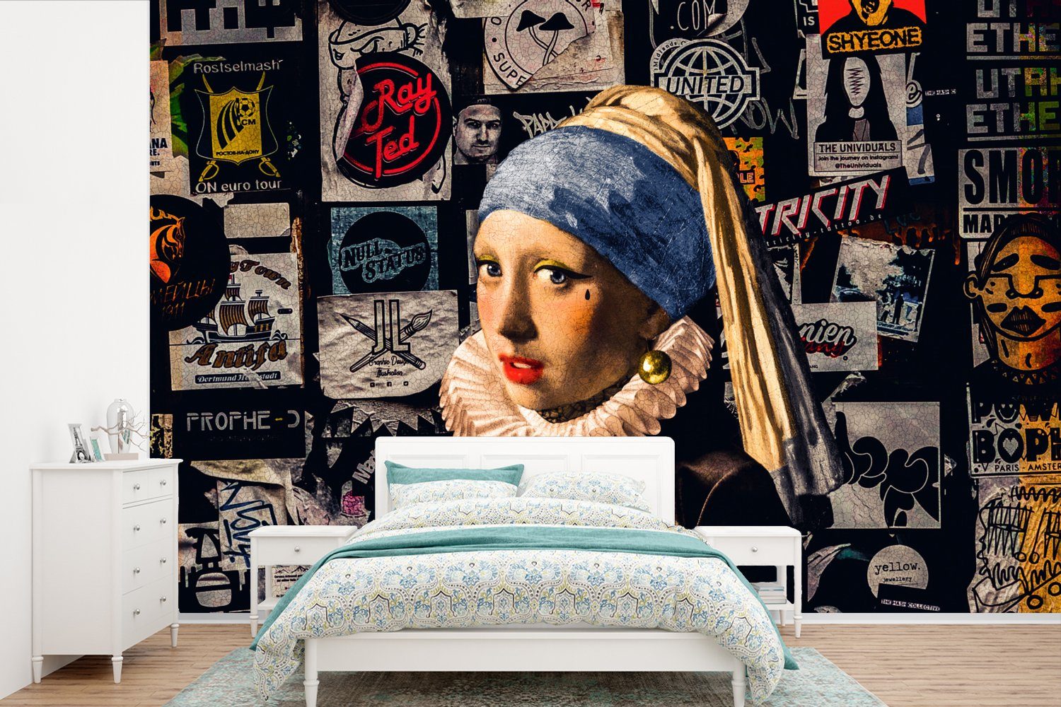 MuchoWow Fototapete Das Mädchen mit dem Perlenohrring - Tätowierung - Vermeer, Matt, bedruckt, (6 St), Wallpaper für Wohnzimmer, Schlafzimmer, Kinderzimmer, Vinyl Tapete