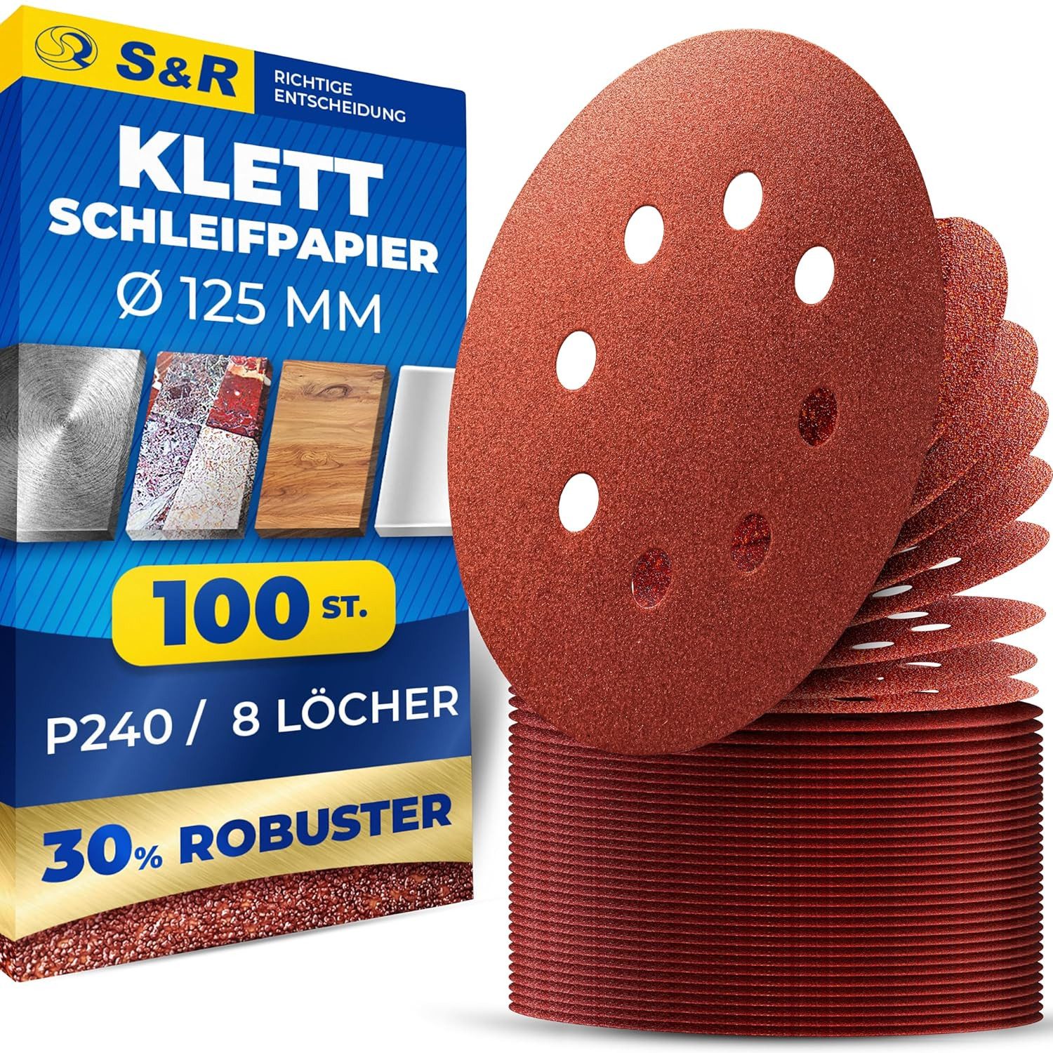 S&R Schleifpapier Klett Schleifpapier 125 mm, Meister, 8 Löcher, für Exzenterschleifer, (Set, 100 St., mit einer P 240 Körnung), Klettschleifpapier, zuverlässige Haftung am Schleifteller