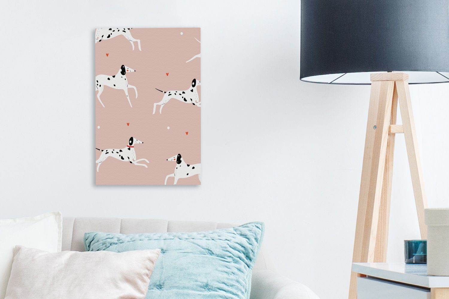 20x30 (1 inkl. mit Leinwandbild einem fertig cm bespannt Dalmatiner auf laufenden St), Gemälde, Leinwandbild Zackenaufhänger, rosa Doggy Hintergrund, Illustration OneMillionCanvasses®