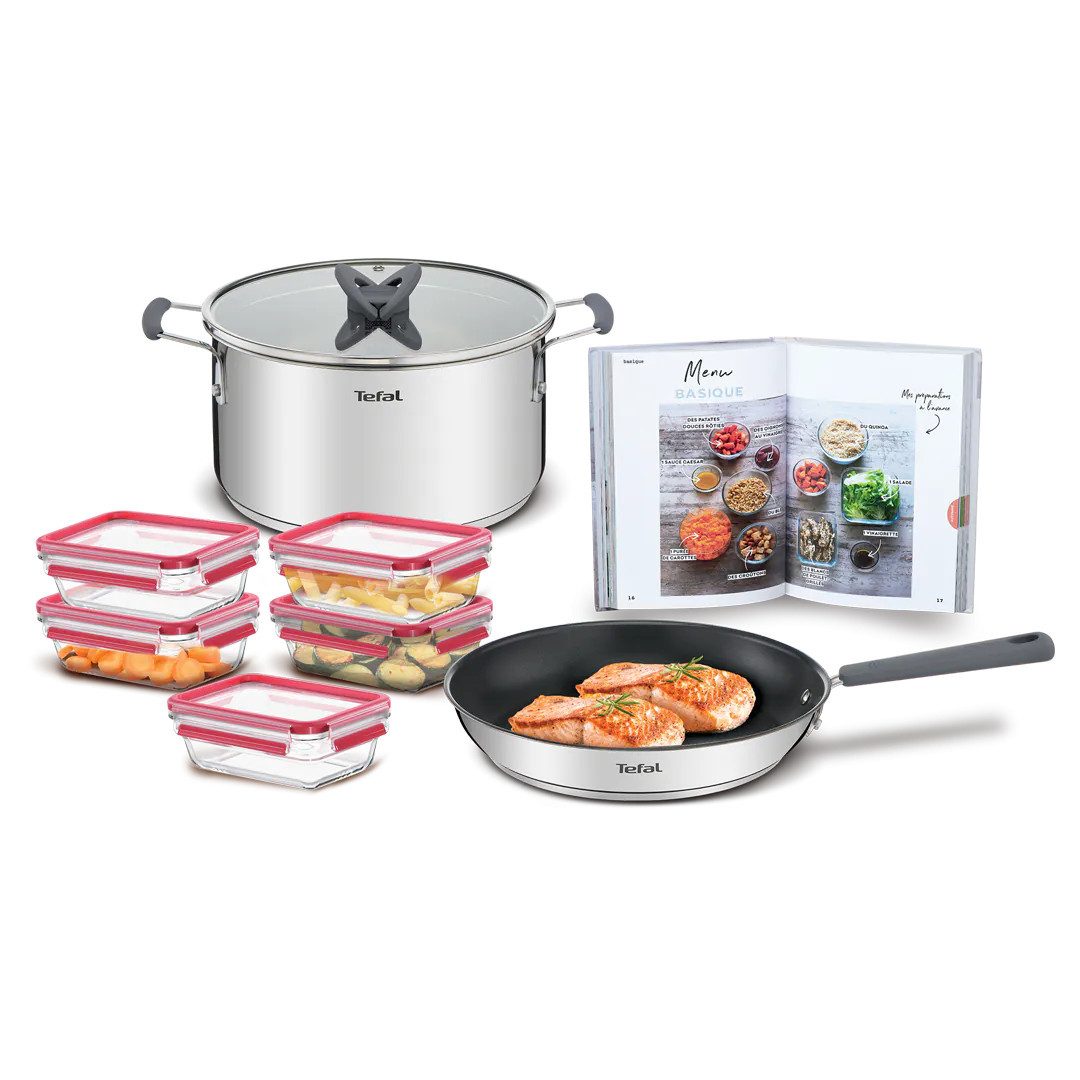 Tefal Geschirr-Set Meal Prep Kochgeschirr-Set 8-teilig Pfanne Topf Dosen Rezeptbuch (8-tlg)