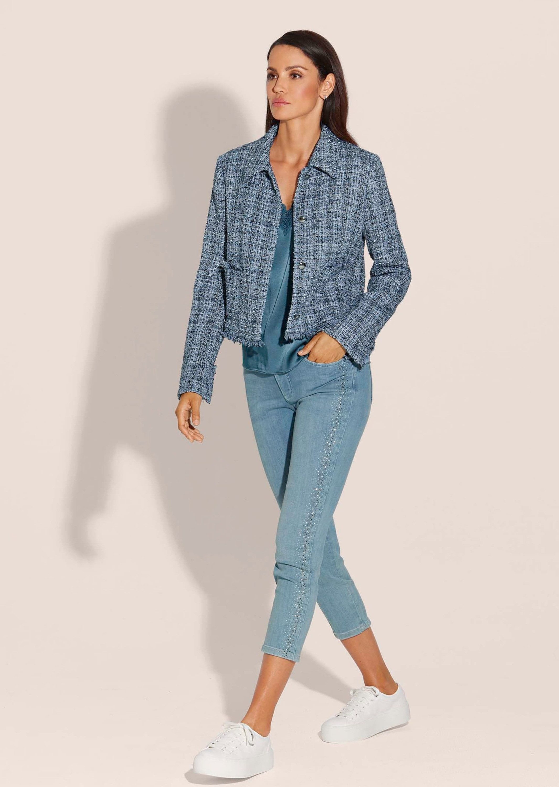 MADELEINE Kurzblazer Eleganter Businessblazer mit Fransen Kurzjacke mit Klappkragen, aufgesetzten Taschen und Langarm