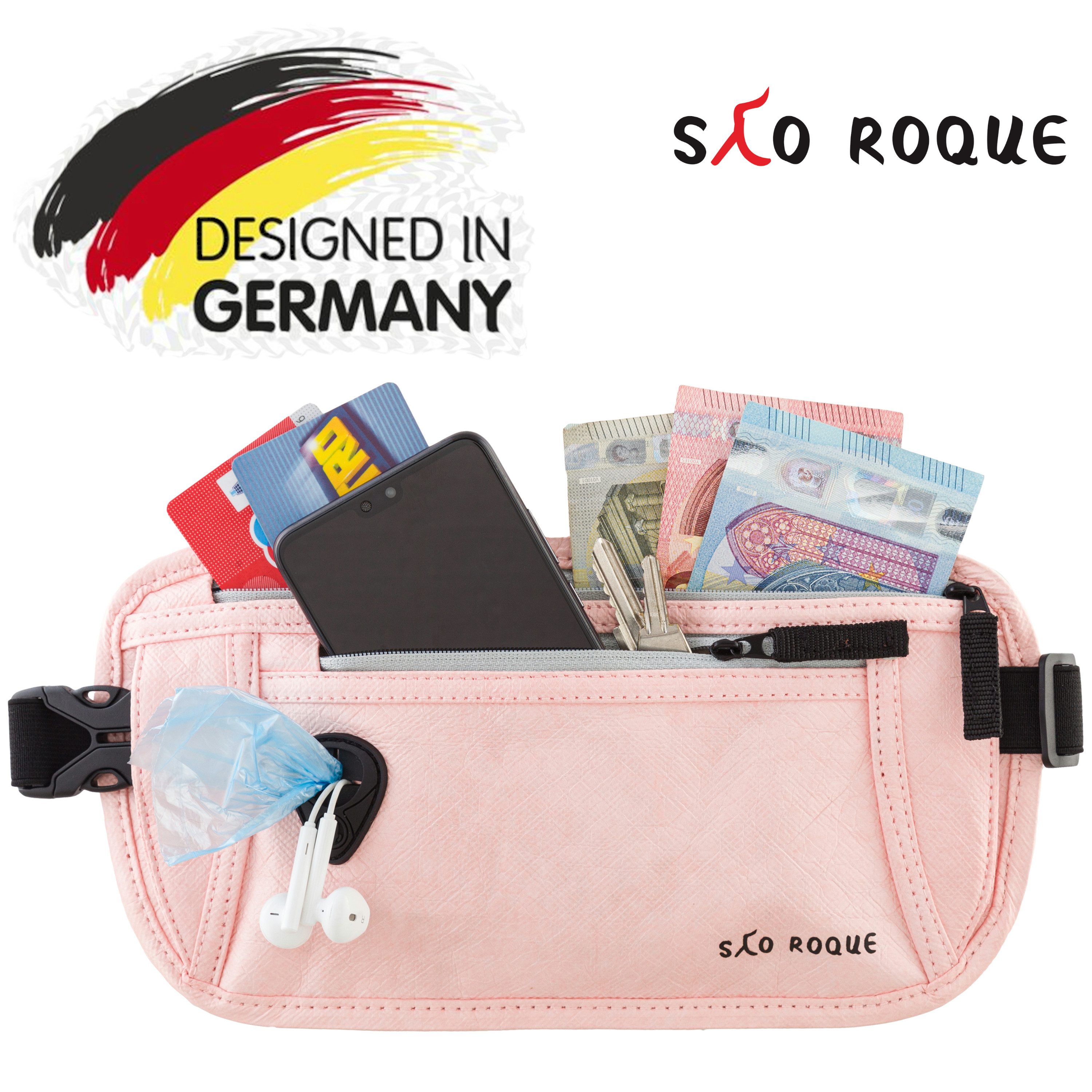 SAO ROQUE Bauchtasche Flache Damen Herren Bauchtasche, Diebstahlsicher RFID Schutz, Vegan, ultraflach, schweiß- und wasserfest, ultraleicht