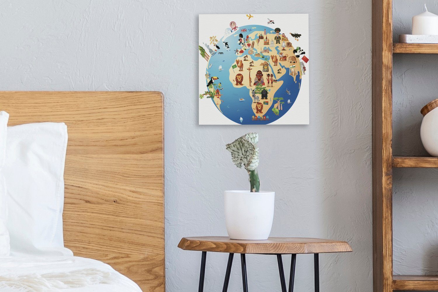(1 Cartoon-Illustration Schlafzimmer mit Weltkarte OneMillionCanvasses® einer St), Symbolen, Leinwandbild Wohnzimmer für kreisförmigen Bilder Leinwand