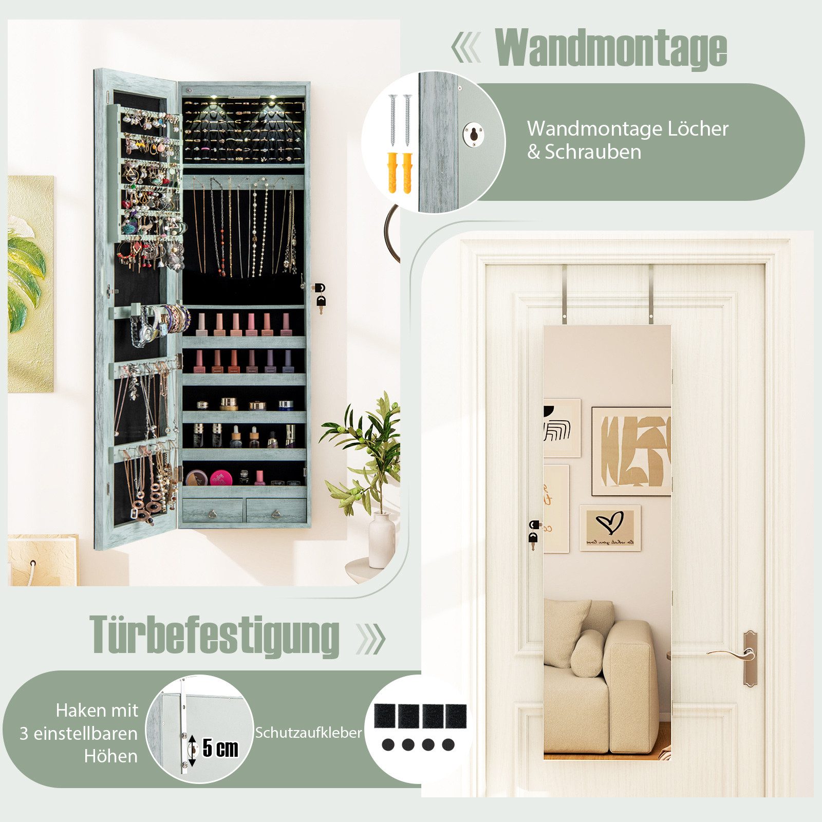 COSTWAY Schmuckschrank mit LED & Spiegel abschließbar, Wandspiegel hängend