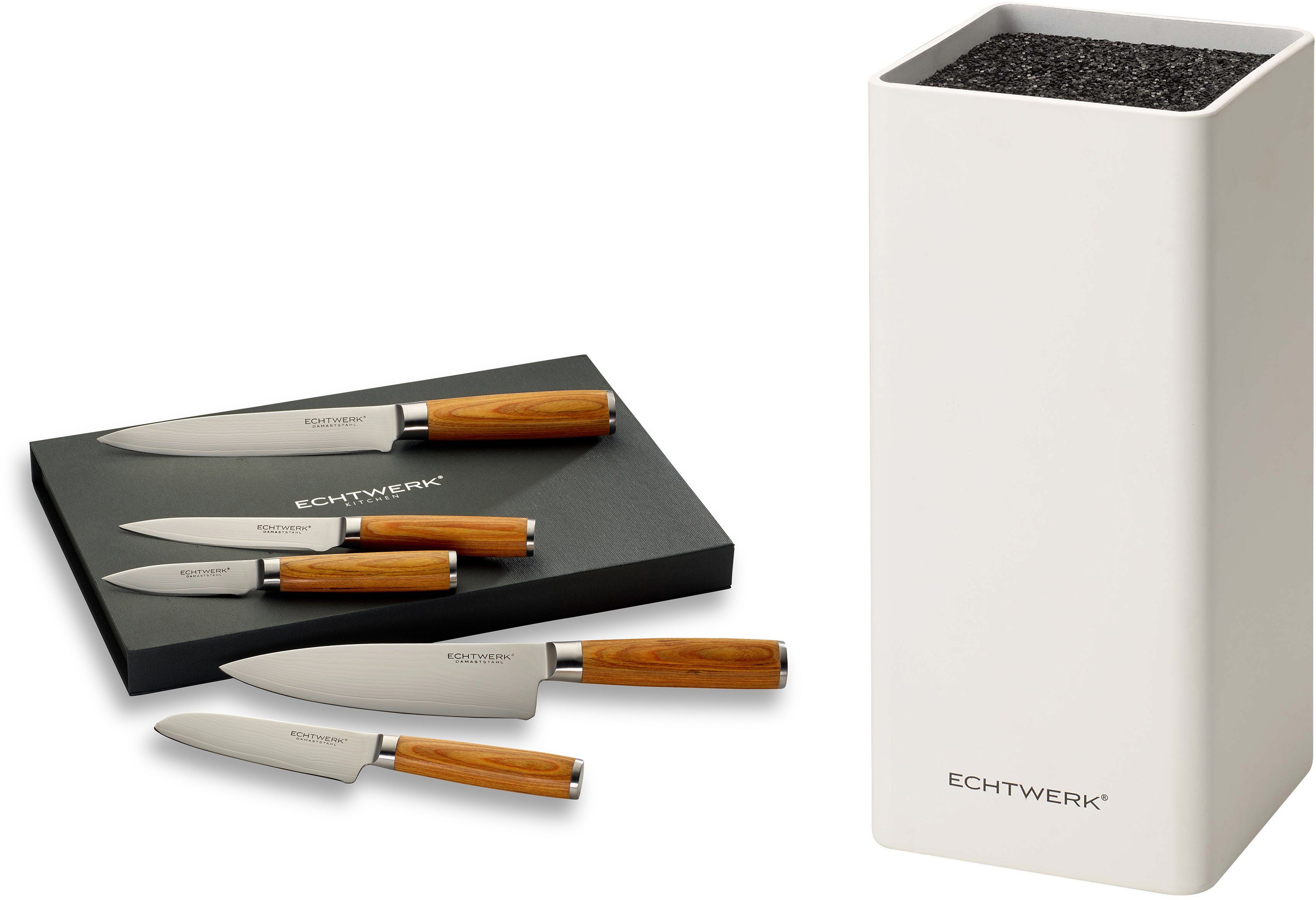 ECHTWERK Ножиblock Damaszener (6tlg), Koch-, Santoku-, Fleisch-, Universal-, Schälmesser mit Holzgriff