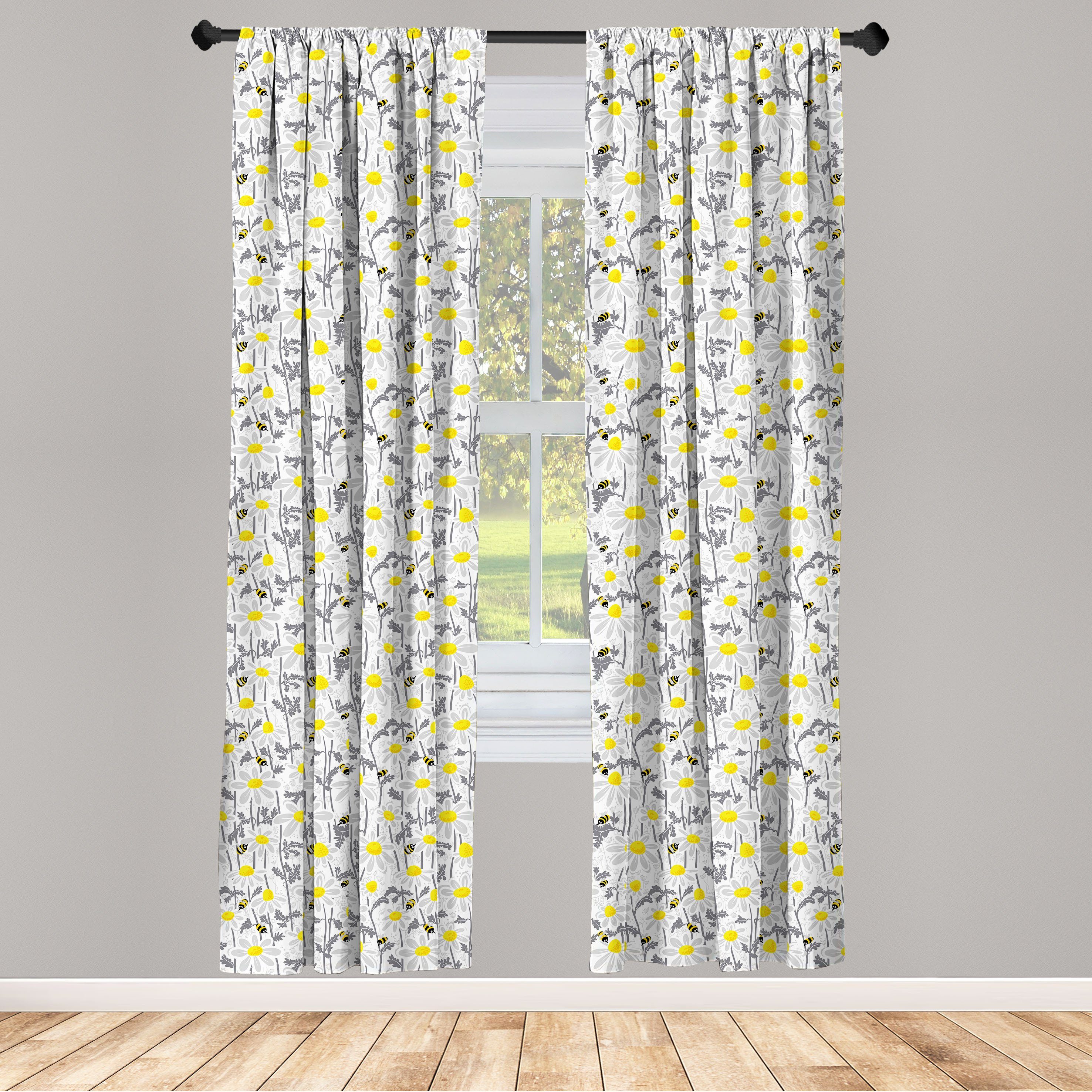 Gardine Vorhang für Wohnzimmer Schlafzimmer Dekor, Abakuhaus, Microfaser, Blumen Daisy Blatt Spring Time | Fertiggardinen