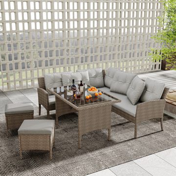 Ulife Garten-Essgruppe Gartenmöbel Sitzgarnitur Garten-Garnitur Set für 7 Personen, (5-tlg), 1 Esstisch, 1 3-Sitzer, 1 2-Sitzer-Ecksofa, 2 Hocker