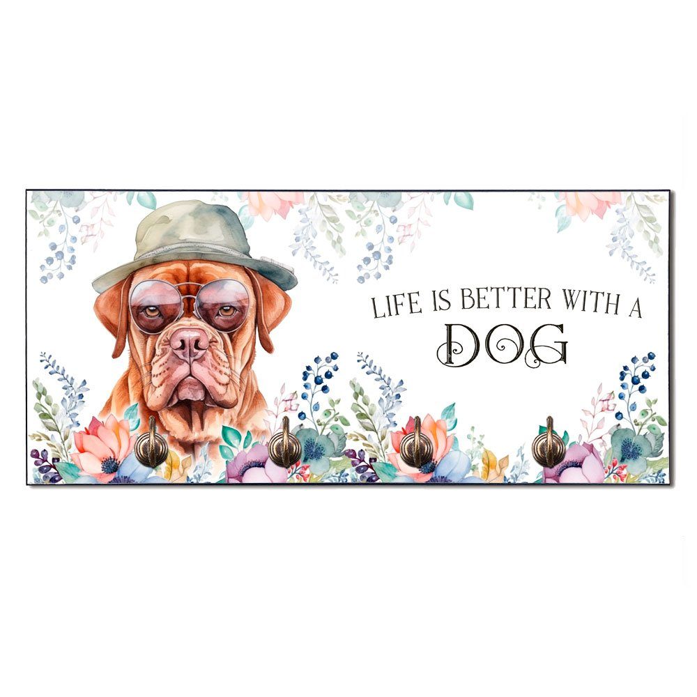 Cadouri Wandgarderobe BORDEAUX DOGGE Hundegarderobe - Wandboard für Hundezubehör (Garderobe mit 4 Haken), MDF, mit abgeschrägten Ecken, handgefertigt, für Hundebesitzer