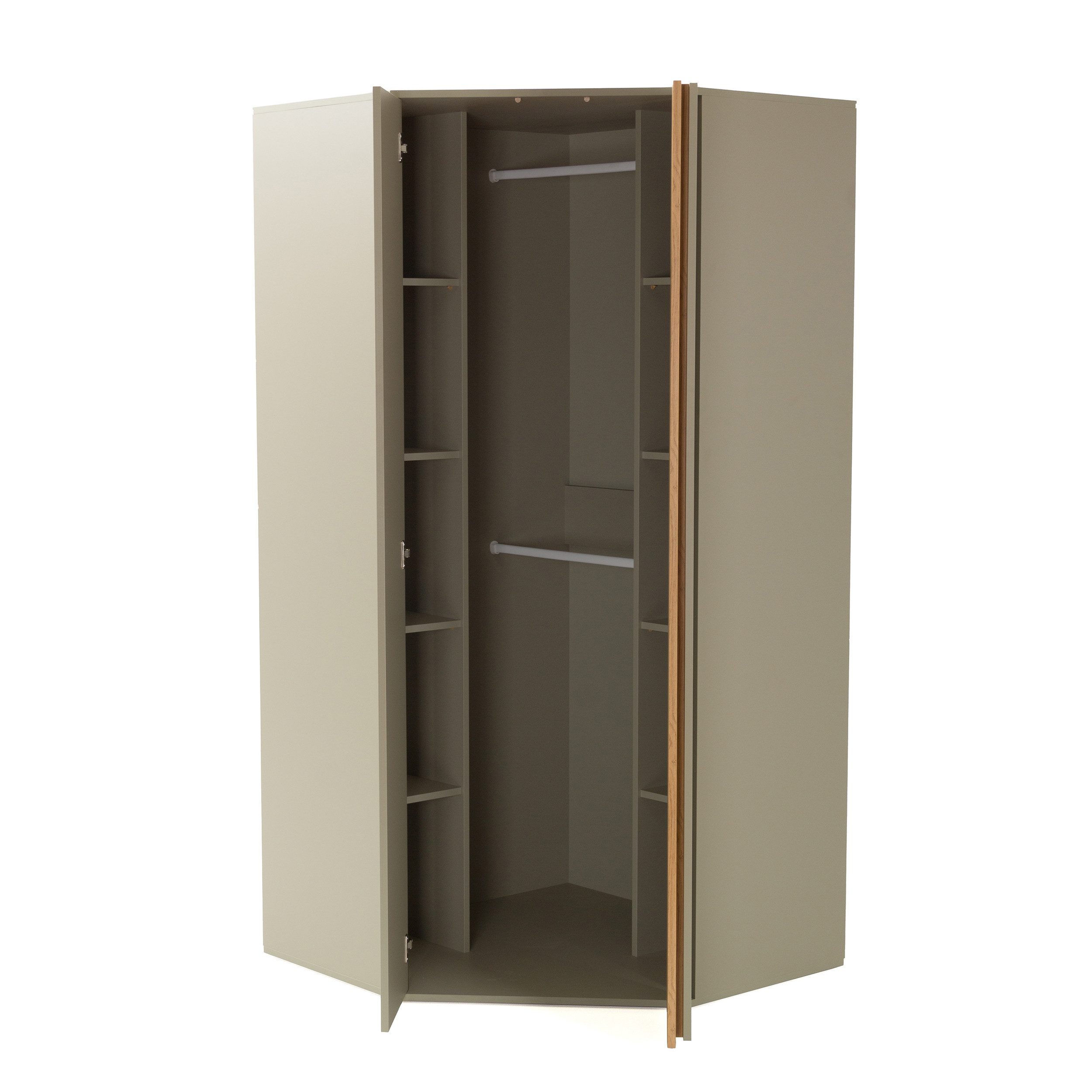Beautysofa Eckschrank LICO 2-türig – Kleiderschrank mit 8 Regalböden, 2 Kleiderstangen (wählbar in Sandbeige oder Eukalyptus) Höhe: 195 cm