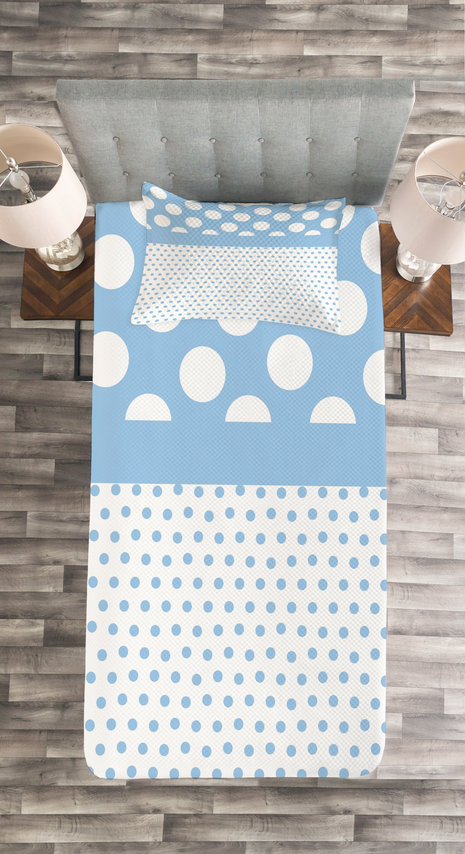 Tagesdecke Set mit Kissenbezügen Waschbar, Baby-Blau-Tupfen Jahrgang Abakuhaus