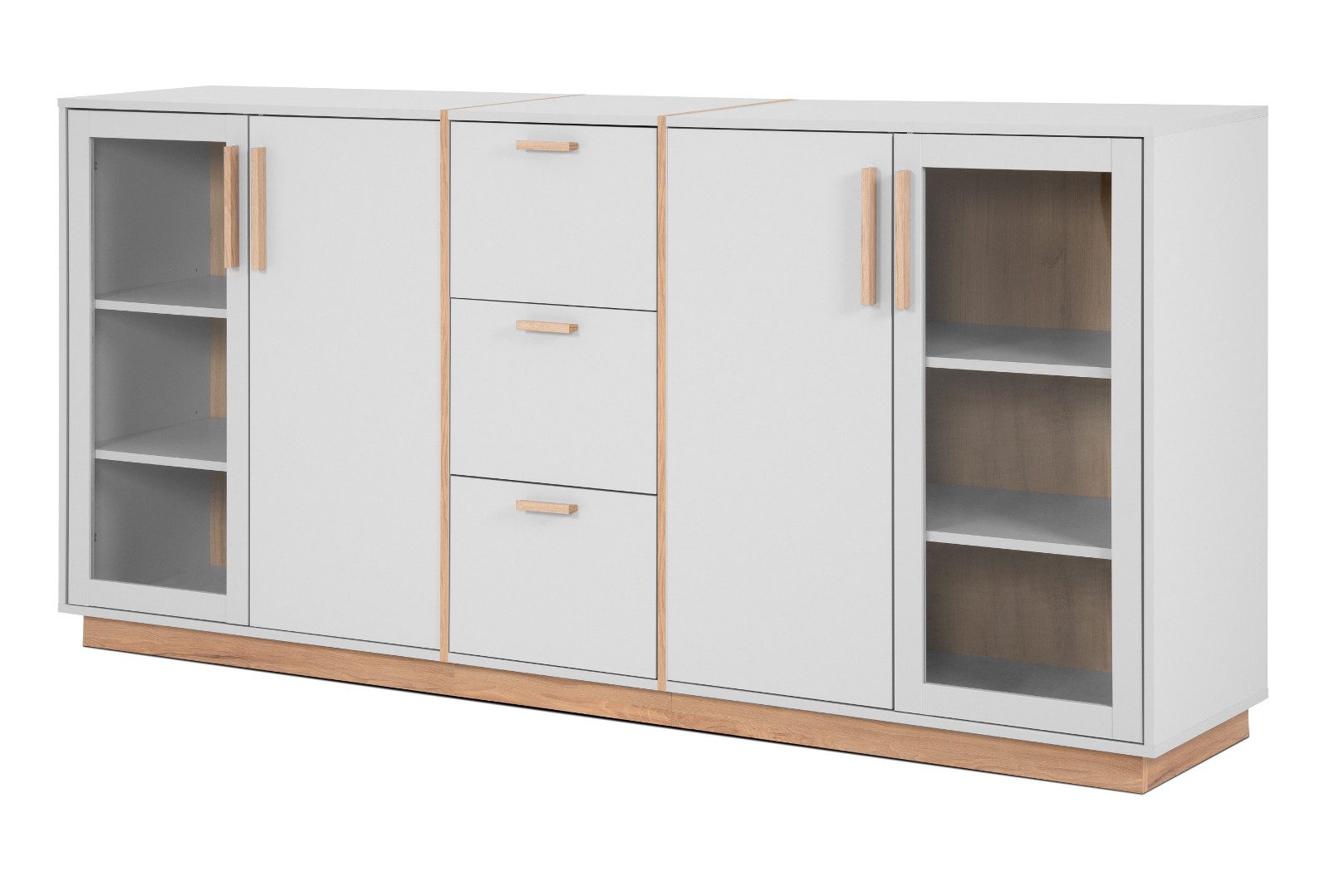 Furn.Design Sideboard Hanno (in grau und Hickory Walnuss, 204 x 94 cm), mit Glas-Türen