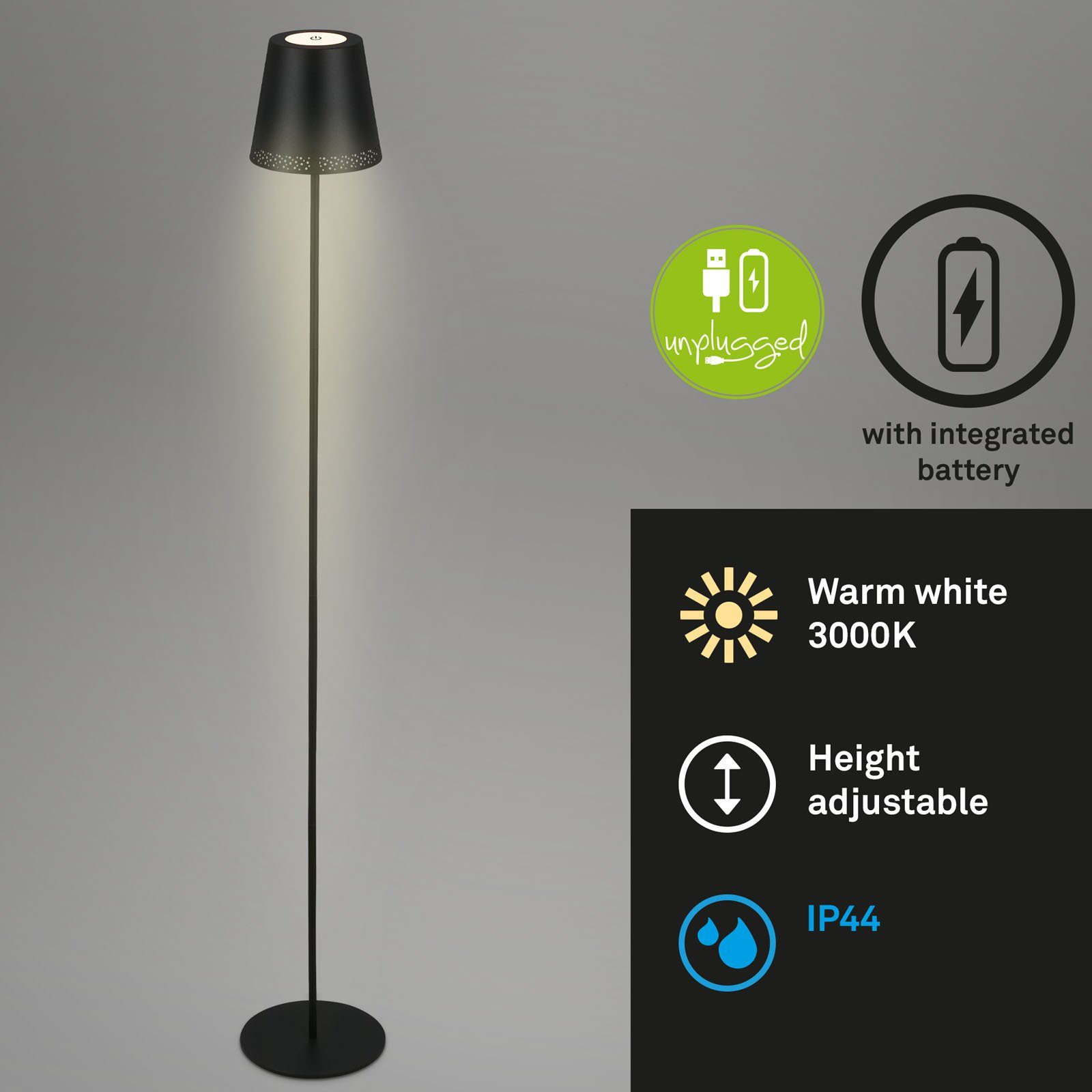 Briloner Leuchten LED Außen-Stehlampe 1438015, dimmbar, höhenverstellbar,  Touch, USB-C Aufladung, Akku, LED fest verbaut, Warmweiß, Stehleuchte, 130  x 19 cm, Schwarz, 3,5W, Spritzwasserschutz, kabellos