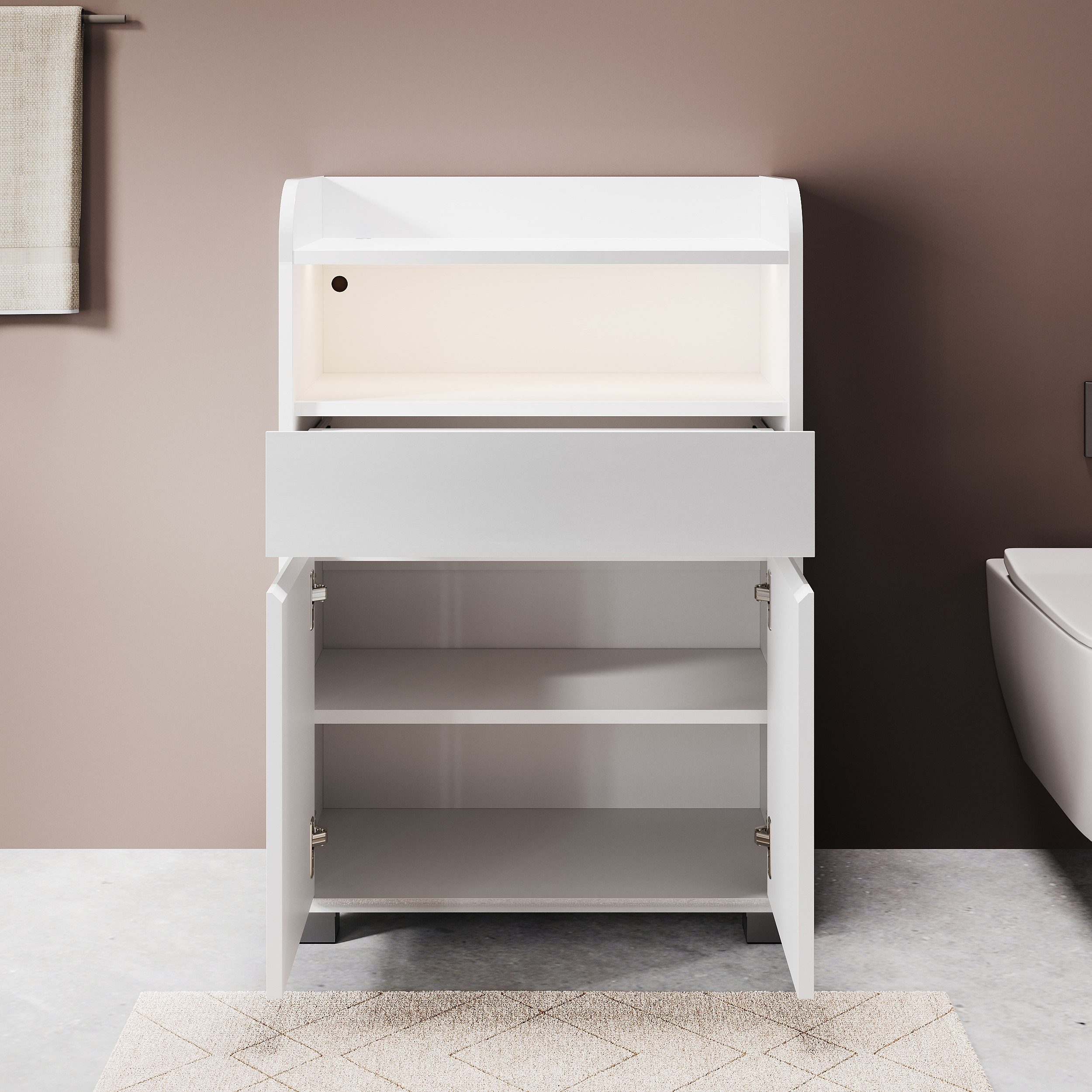SONNI Kommode Badkommode Badezimmerschrank Höhe: 82cm mit Licht, mit 2 Türen, hochglänzende UV-Oberfläche, mit LED-Touchleuchte