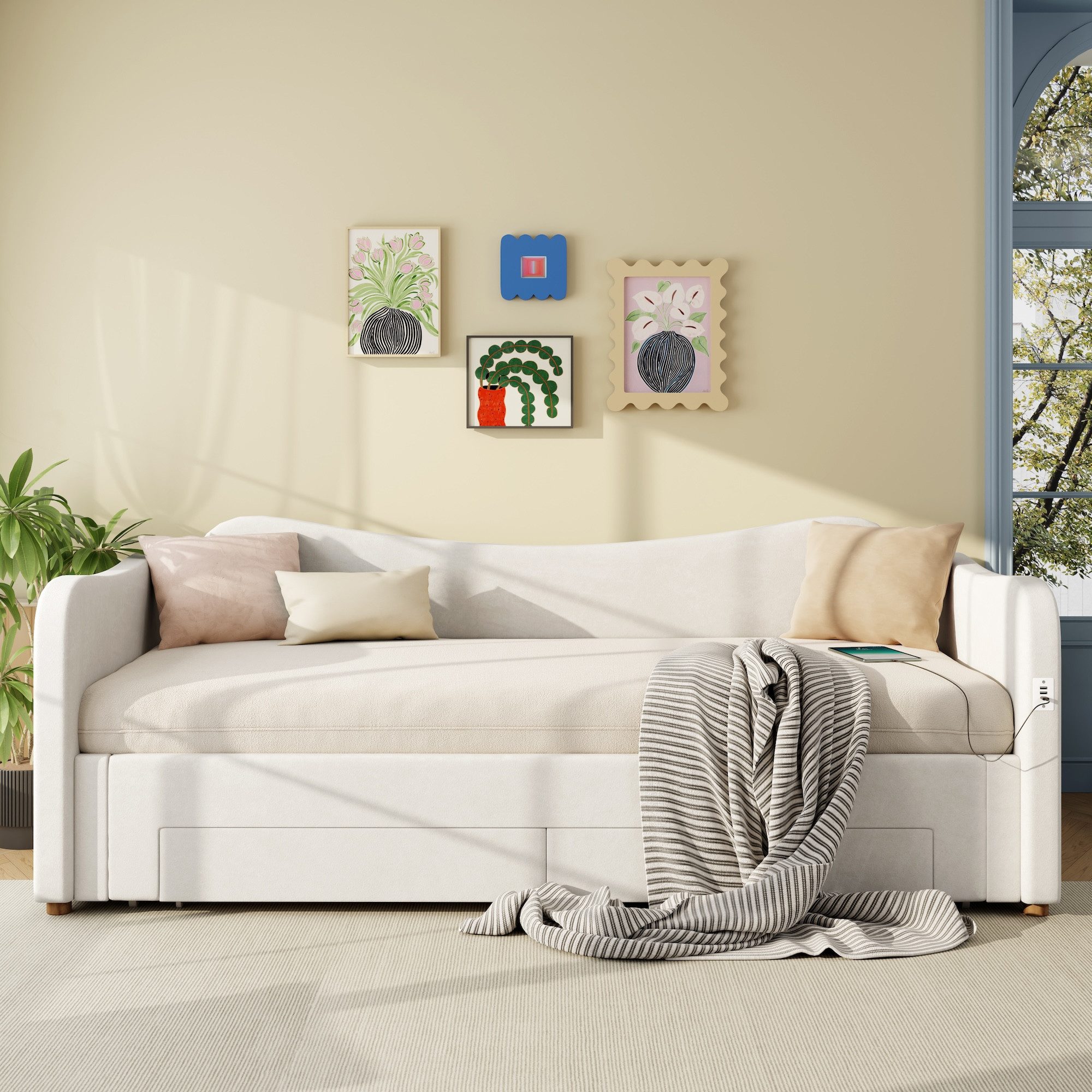 SOFTWEARY Schlafsofa mit Bettfunktion, 90x200cm/180x200cm, mit Schubladen, Lattenrost, USB und Type-C, Liegefläche erweiterbar, Polsterbett, Samt