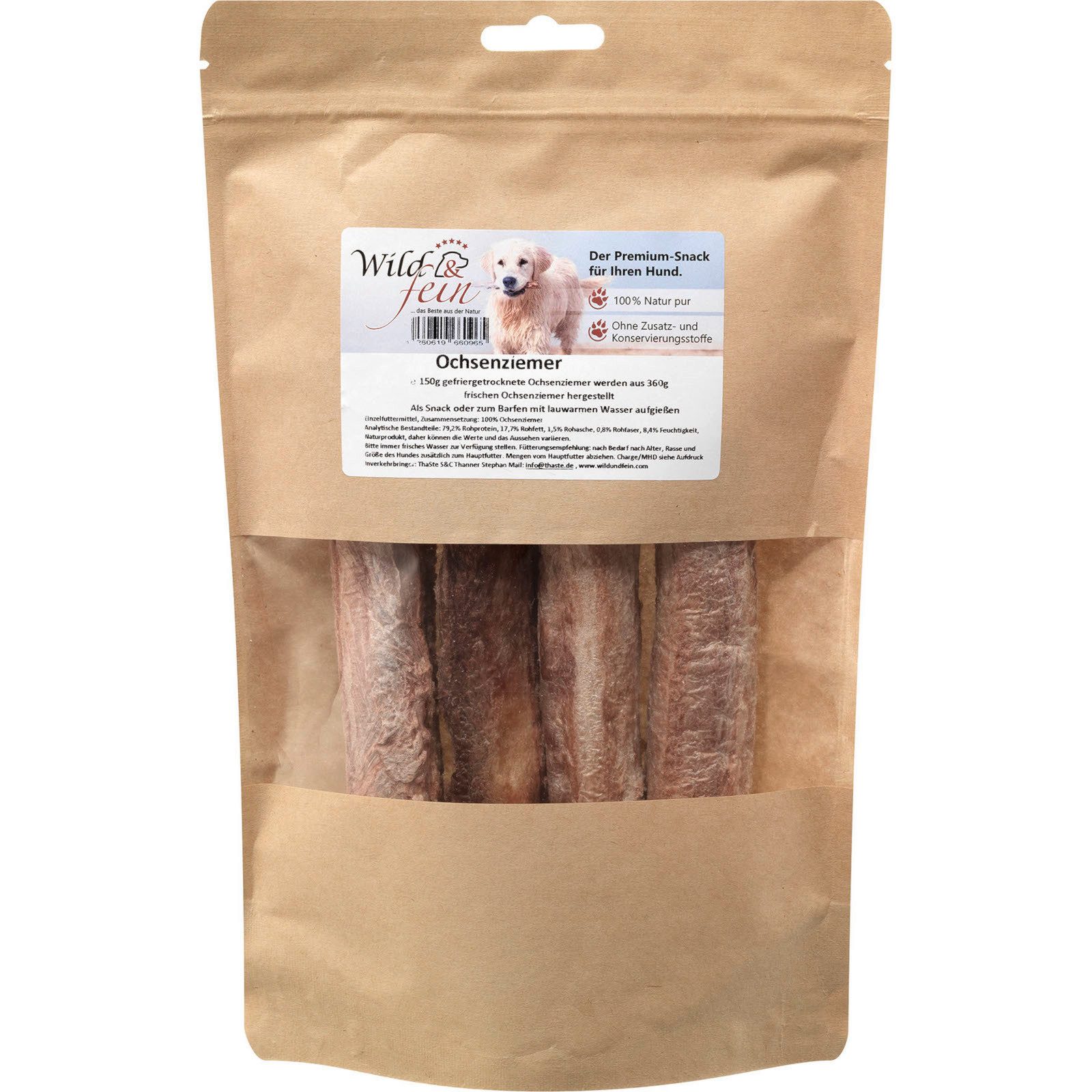 Wild & Fein Ochsenziemer, gefriergetrocknet, 150 g, Snack für: Hund