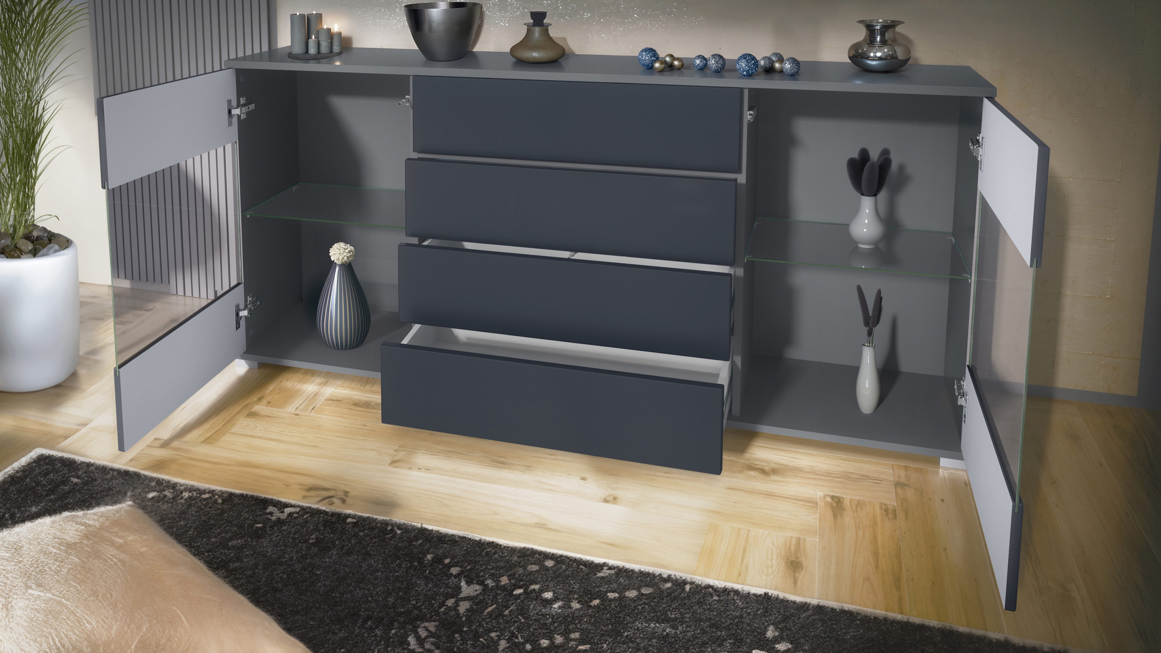 Vladon Sideboard Bari V2 (Kommode mit 2 Türen, 4 Schubladen und 2 flexible Glaseinlegeböden), Anthrazit matt/Schwarz Hochglanz (166,5 x 75,5 x 35)
