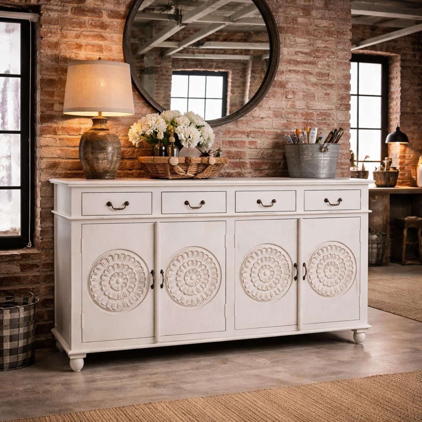 baario Sideboard XXL Sideboard BLATO Shabby Chic, Kommode massiv edles Mangoholz 180cm Schnitzerei