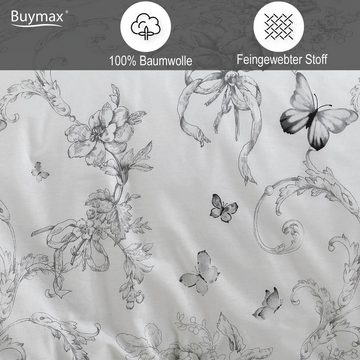 Bettwäsche, Buymax, Renforcé, 2 teilig, 100% Baumwolle Renforce 135x200 cm Kissenbezug 80x80cm mit Reißverschluss, Muster Geblümt Schmetterlinge, Schwarz Weiß