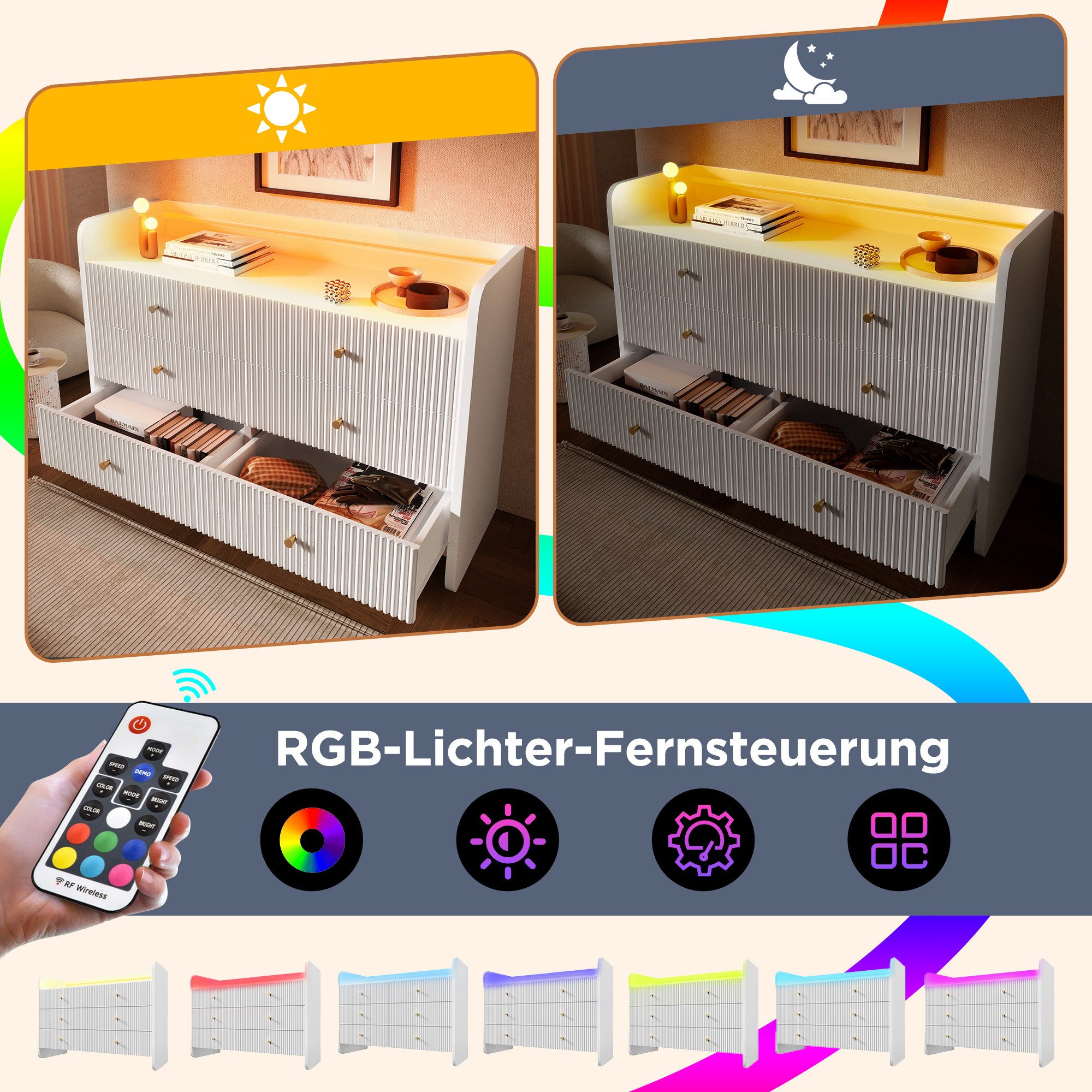 Flieks Kommode mit 6 Schubladen und LED-Beleuchtung (1 St., B120/T40/H75 cm), Sideboard Schrank für Wohnzimmer und Schlafzimmer Weiß – Bild 5 von 5