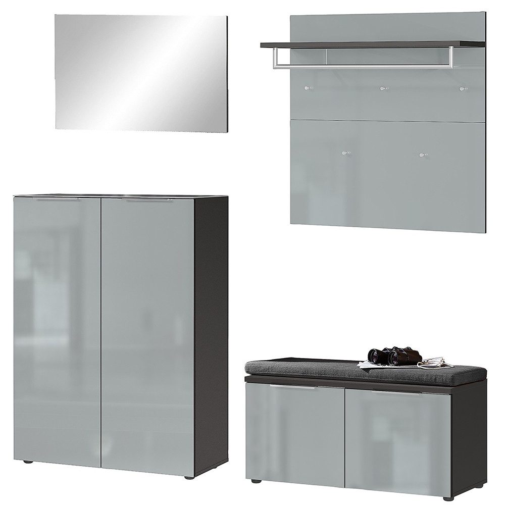 Lomadox Garderoben-Set GENEVA-01, (Spar-Set, 4-St., Schuhschrank Spiegel Garderobenpaneel Schuhbank Sitzpolster), graphit grau silber mit Sitzkissen Kleiderstange Schuhfächer Glasfront